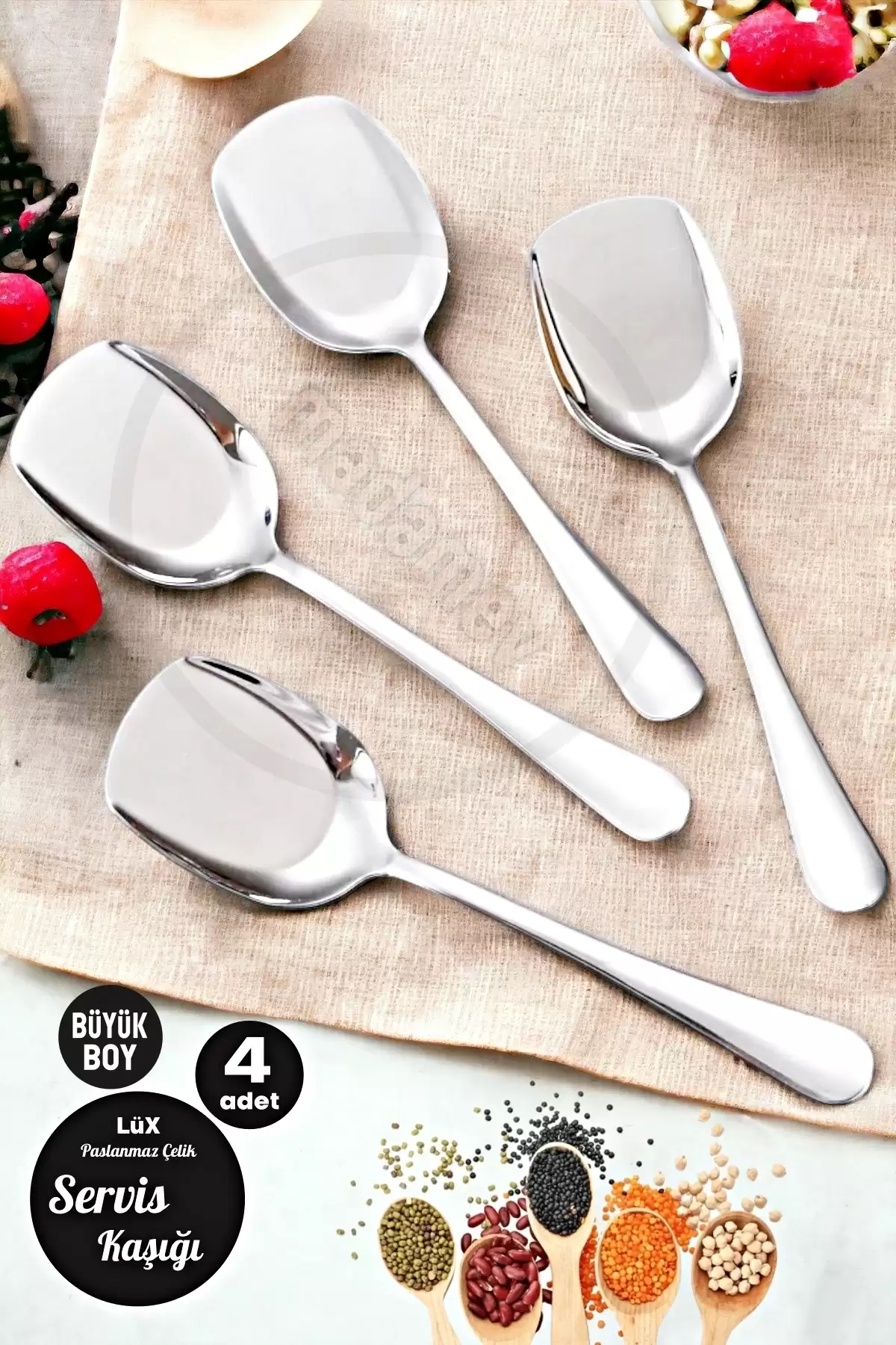 4lü Lüx Servis Kaşığı Seti Büyük Boy Paslanmaz Çelik Kaşık Salata Pasta Yemek Servis Mutfak Kaşığı