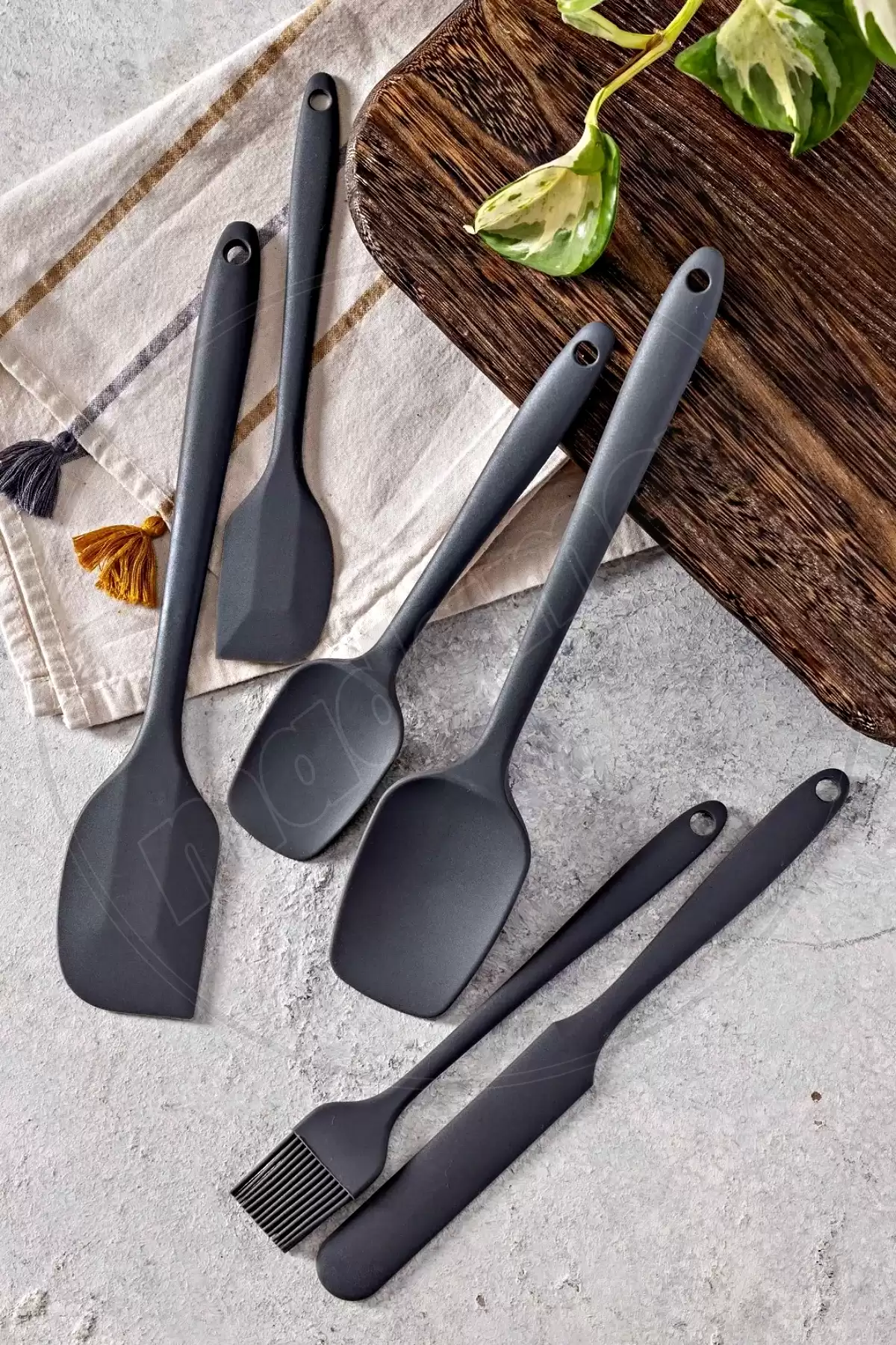 6lı Silikon Fırça Spatula Servis Takımı Yanmaz Yapışmaz Siyah Fırçası Kaşık Bıçak Spatula