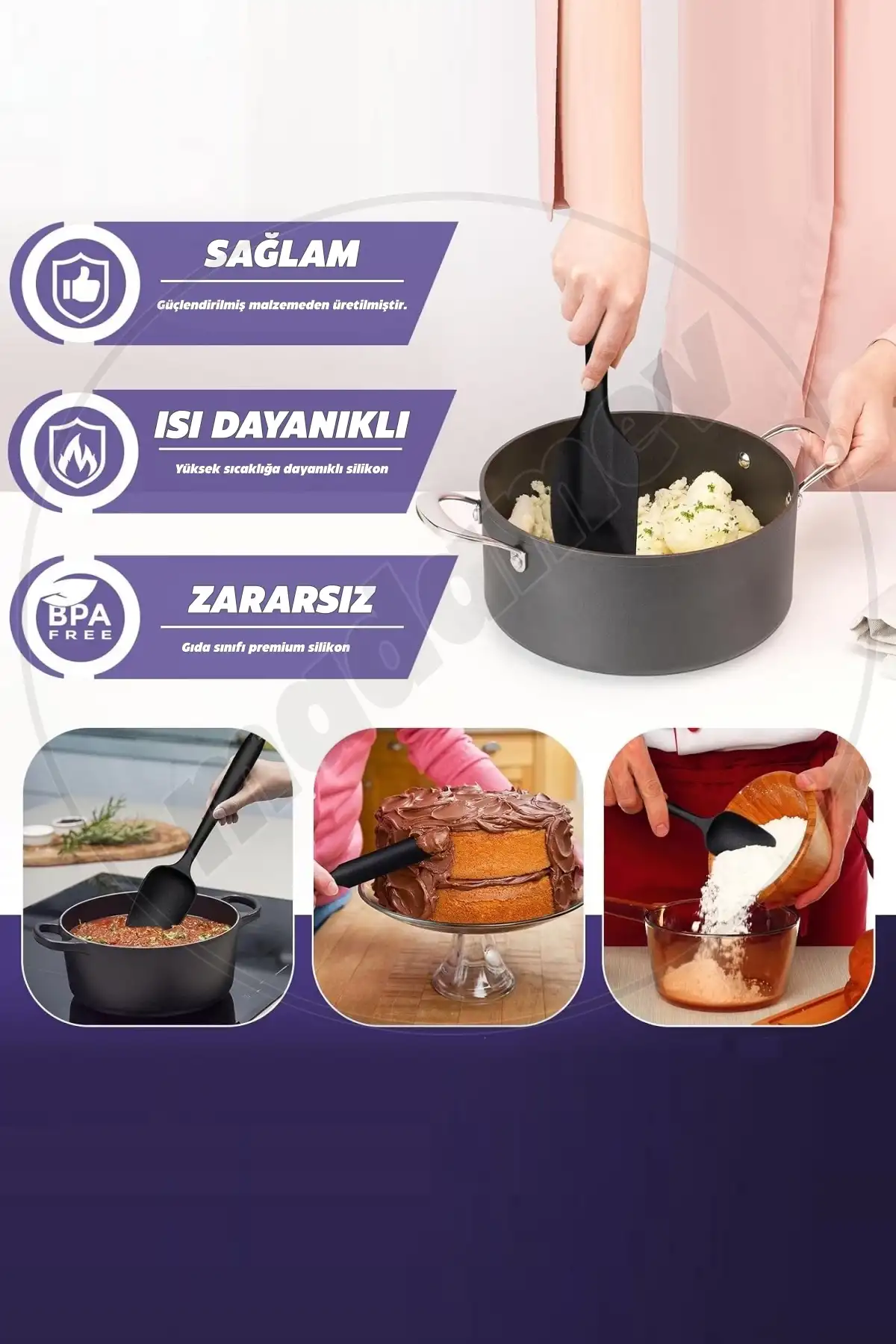 6lı Silikon Fırça Spatula Servis Takımı Yanmaz Yapışmaz Siyah Fırçası Kaşık Bıçak Spatula