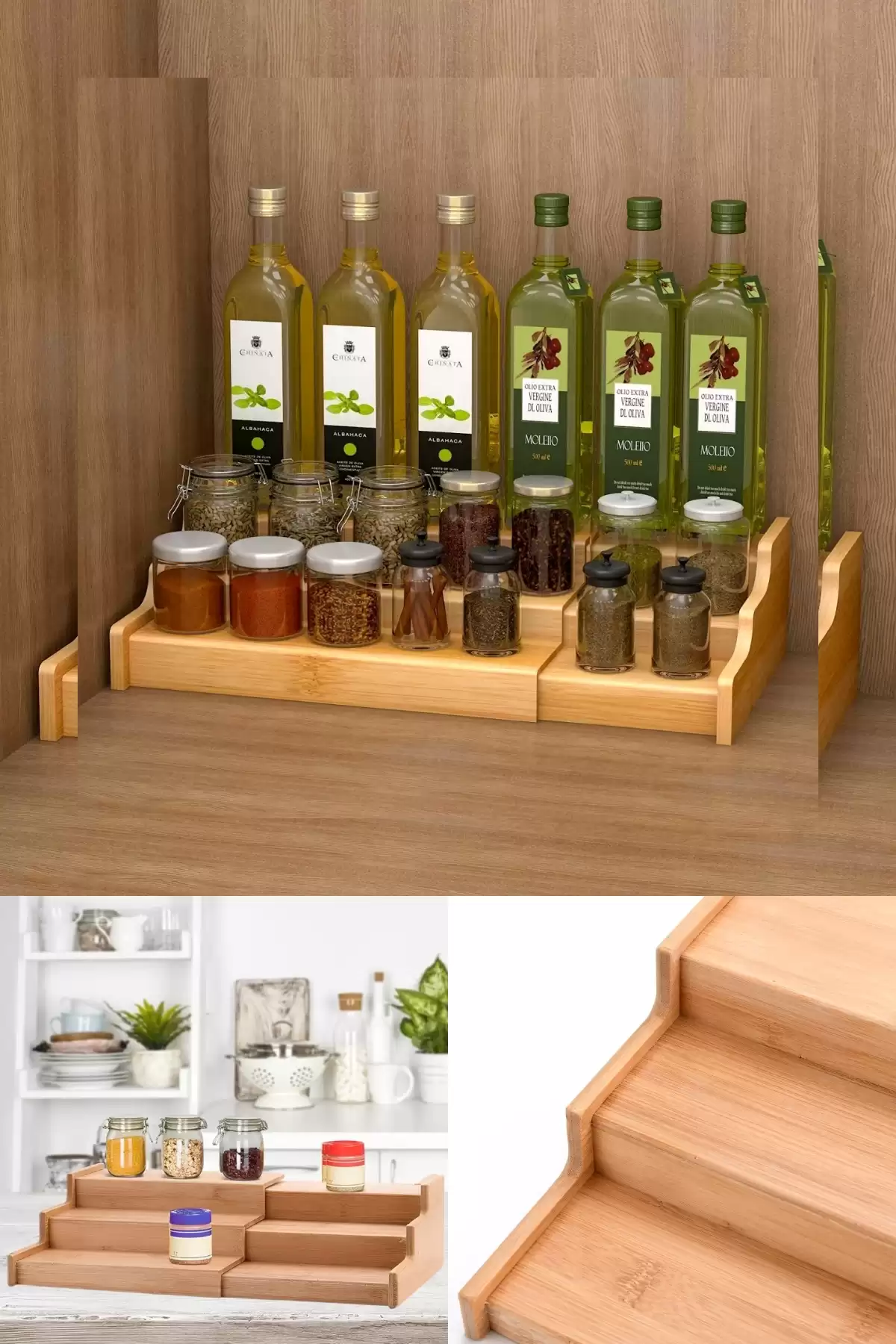 3 Katlı Açılır Büyük Boy Bambu Stand Organizer, Tezgahüstü Baharatlık Düzenleyici Mutfak Rafı 57cm