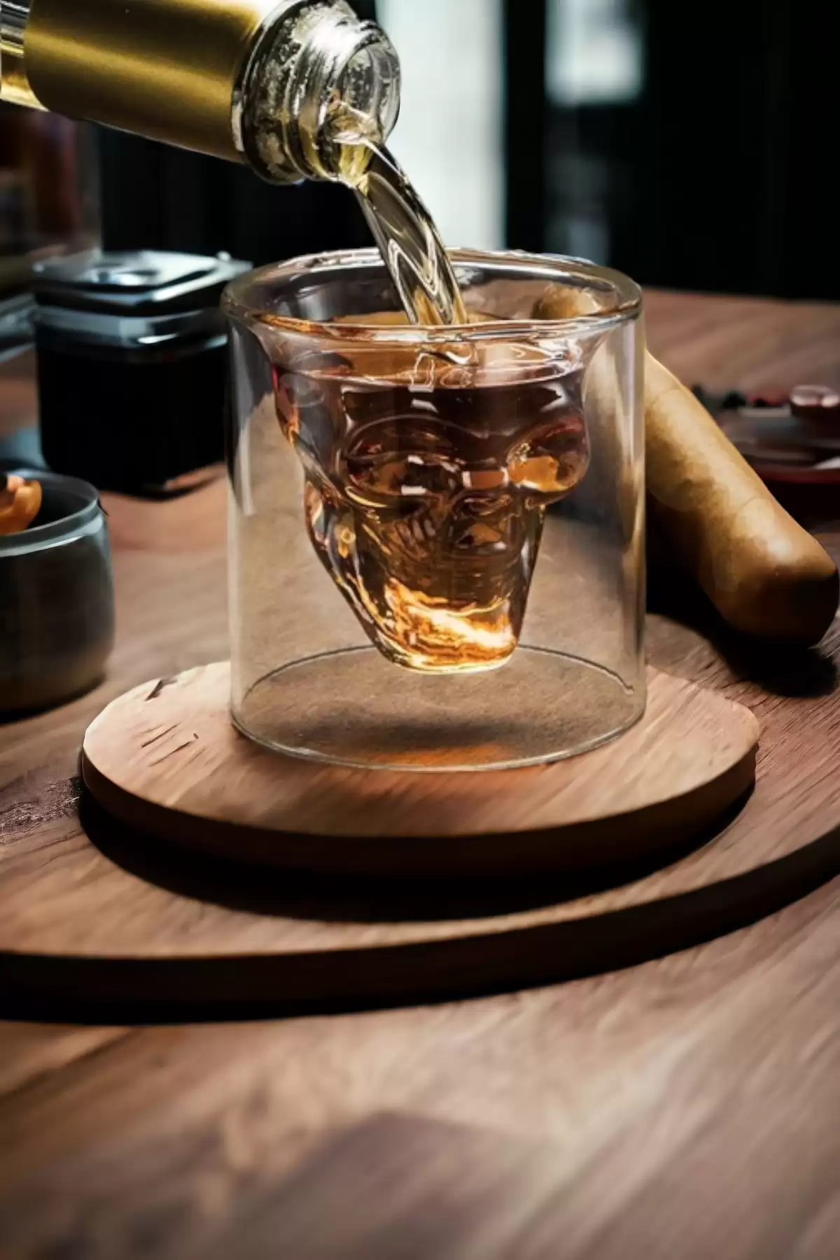 3lü Kuru Kafa Tasarımlı Çift Cidarlı Cam Bardak Kahve Sunum Bar Kokteyl Bardağı Kristal Cam Kupa