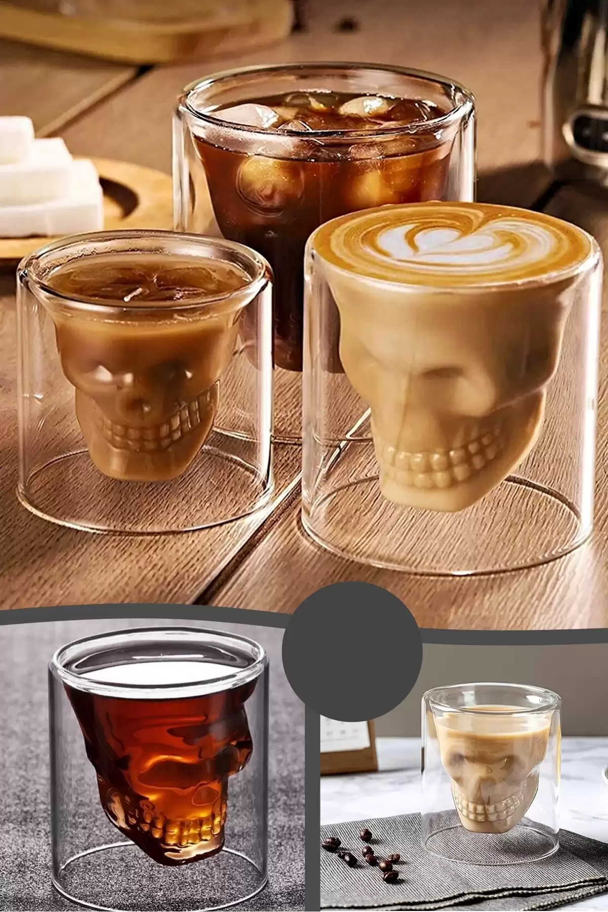 3lü Kuru Kafa Tasarımlı Çift Cidarlı Cam Bardak Kahve Sunum Bar Kokteyl Bardağı Kristal Cam Kupa