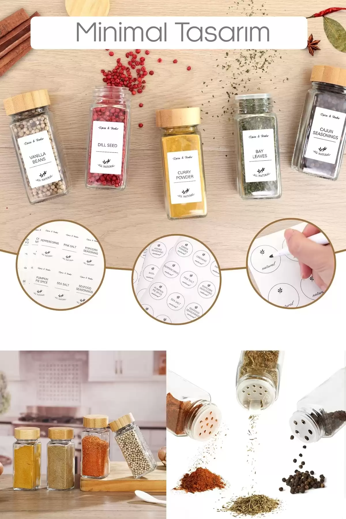 12’li Bambu Kapaklı Etiketli Cam Kare Formlu Baharatlık Takımı Serpme Başlıklı Baharatlık Set