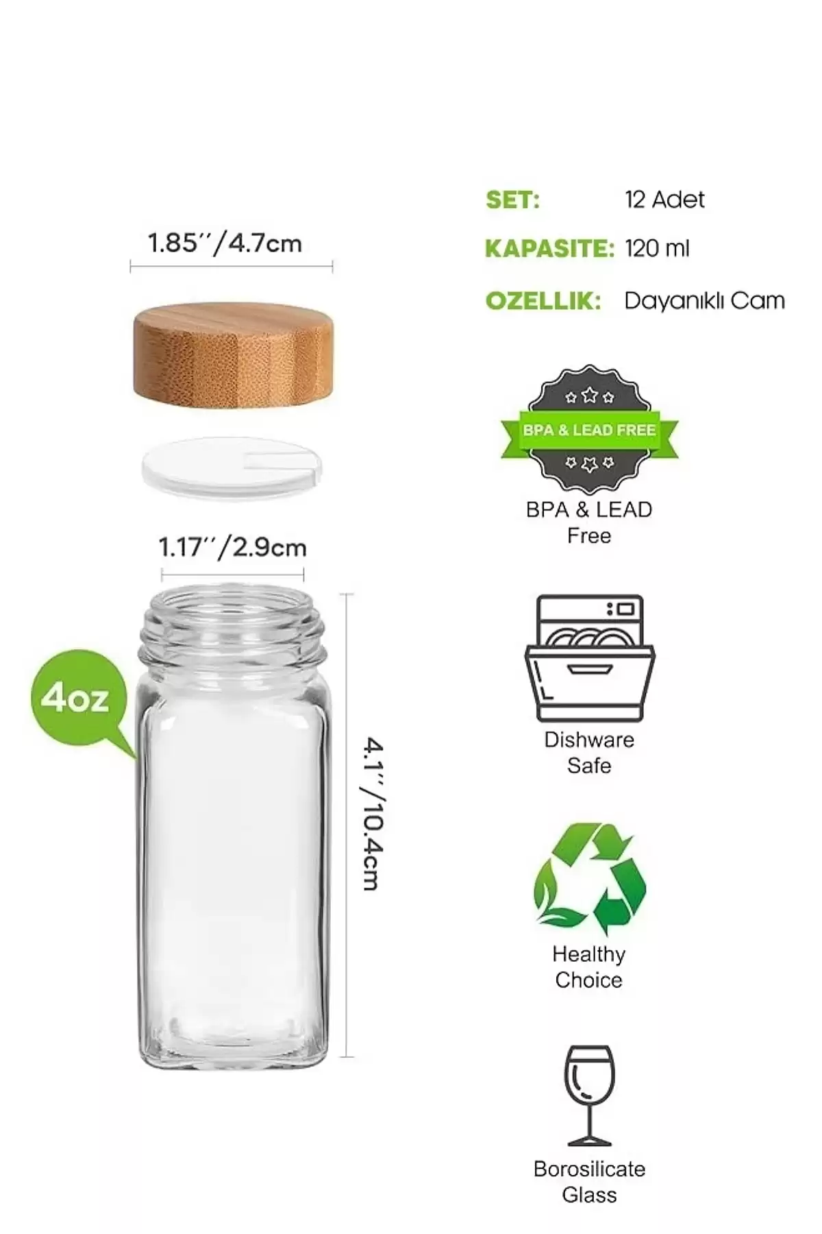 12’li Bambu Kapaklı Etiketli Cam Kare Formlu Baharatlık Takımı Serpme Başlıklı Baharatlık Set