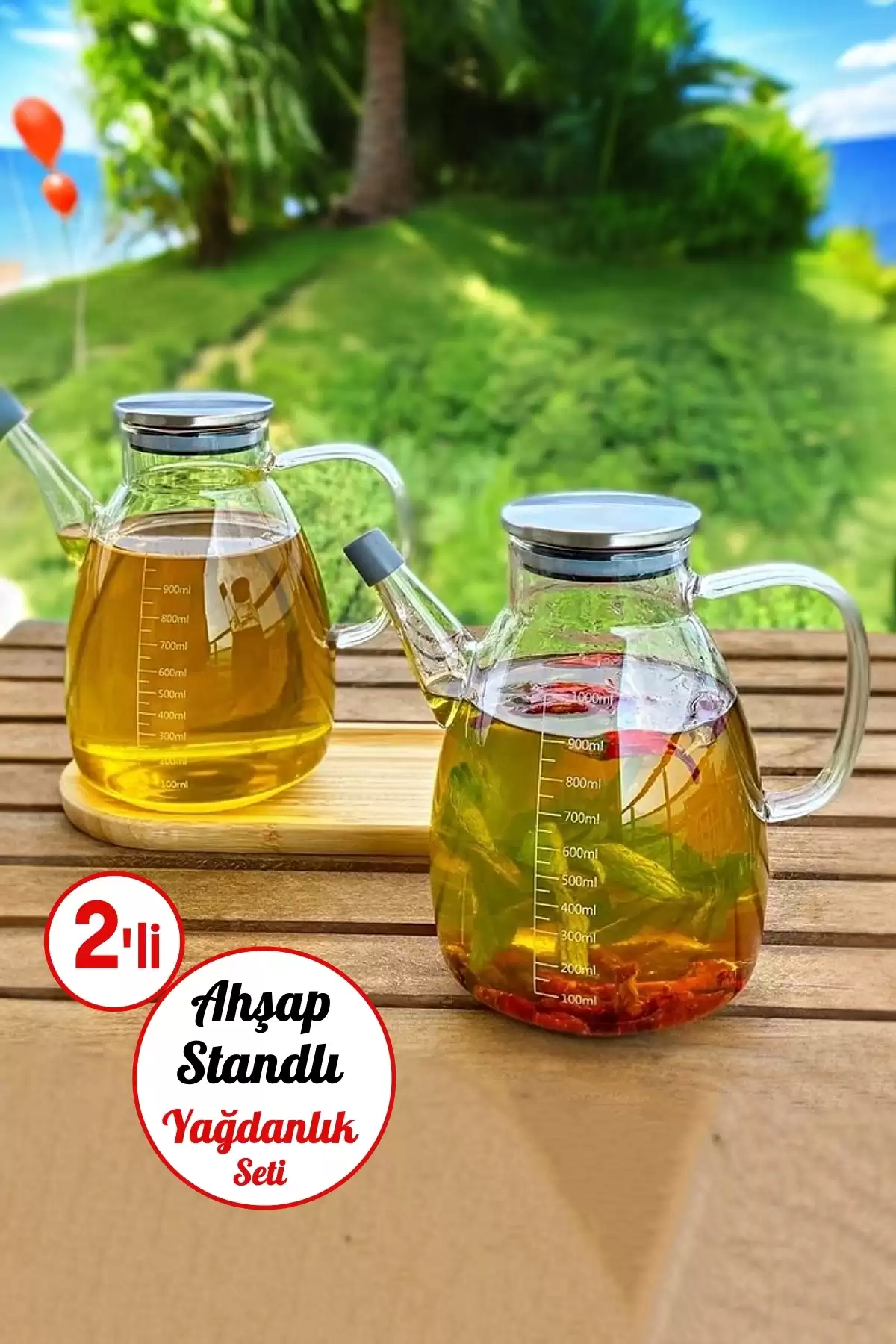 2li Ahşap Standlı 1000ml Zeytinyağı Sıvıyağ Şişesi Borosilikat Cam Çelik Kapaklı Yağlık Yağdanlık