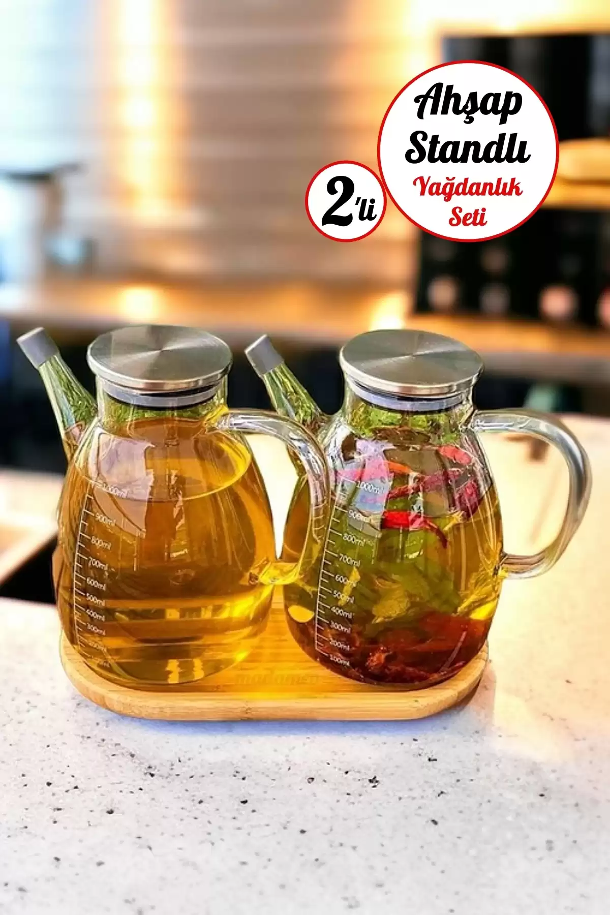 2li Ahşap Standlı 1000ml Zeytinyağı Sıvıyağ Şişesi Borosilikat Cam Çelik Kapaklı Yağlık Yağdanlık
