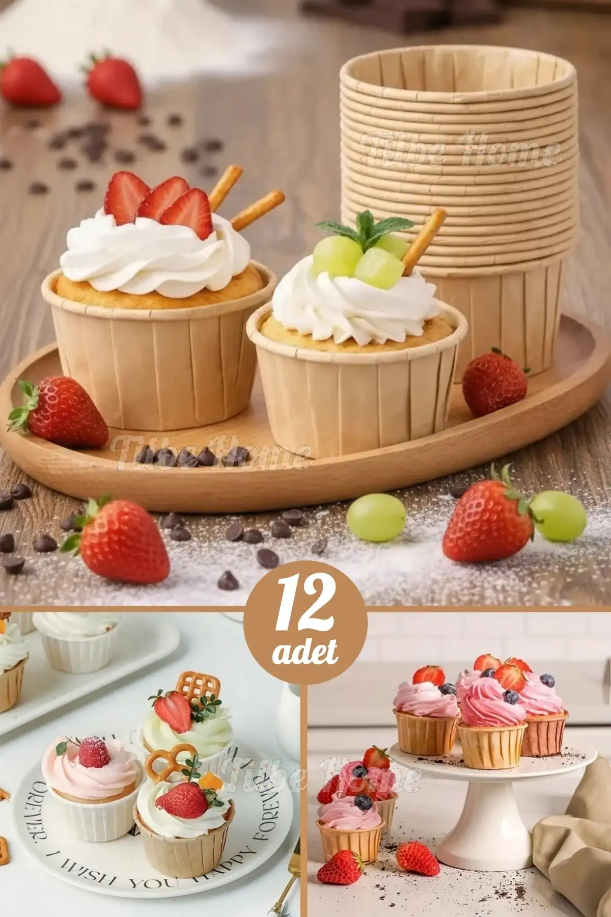 12’li Kraft Muffin Cupcake Kek Kapsülü Naturel Kağıt Kalıp Konsept Parti Airfryer ve Fırın Uyumlu 