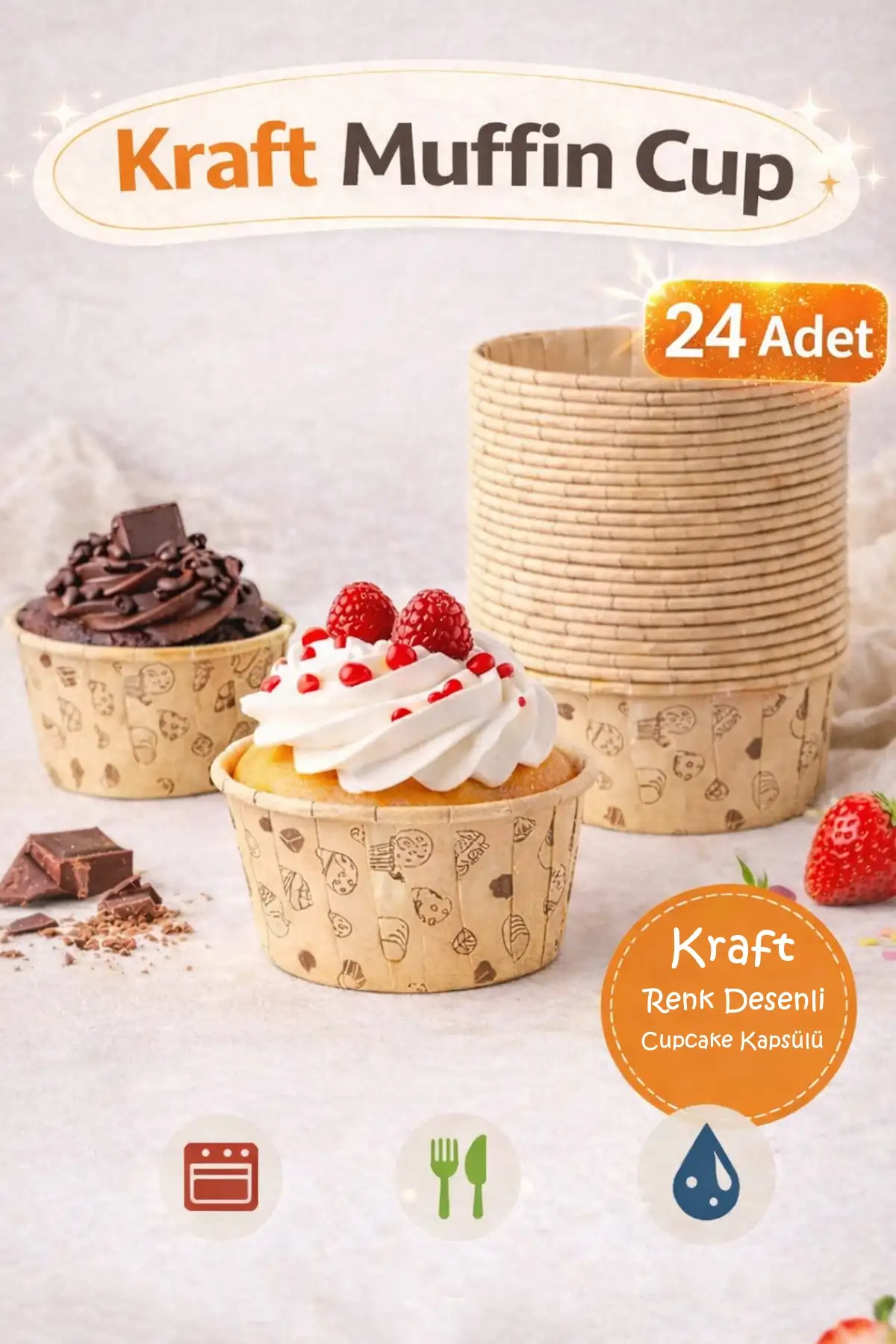 24’lü Kraft Muffin Cupcake Kek Kapsülü Naturel Donut Baskılı Kalıp Konsept Airfryer ve Fırın Uyumlu