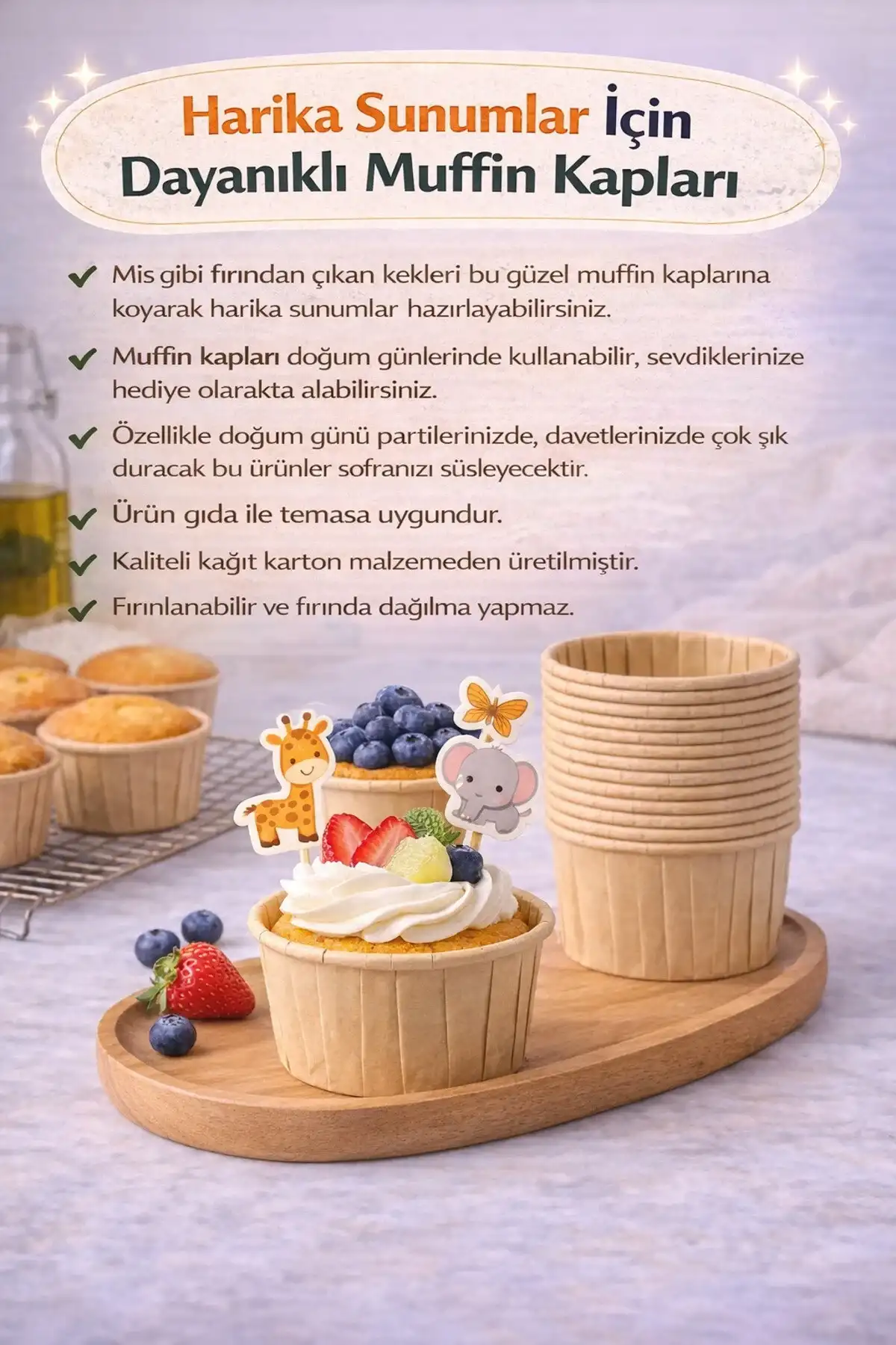 24’lü Kraft Muffin Cupcake Kek Kapsülü Naturel Donut Baskılı Kalıp Konsept Airfryer ve Fırın Uyumlu