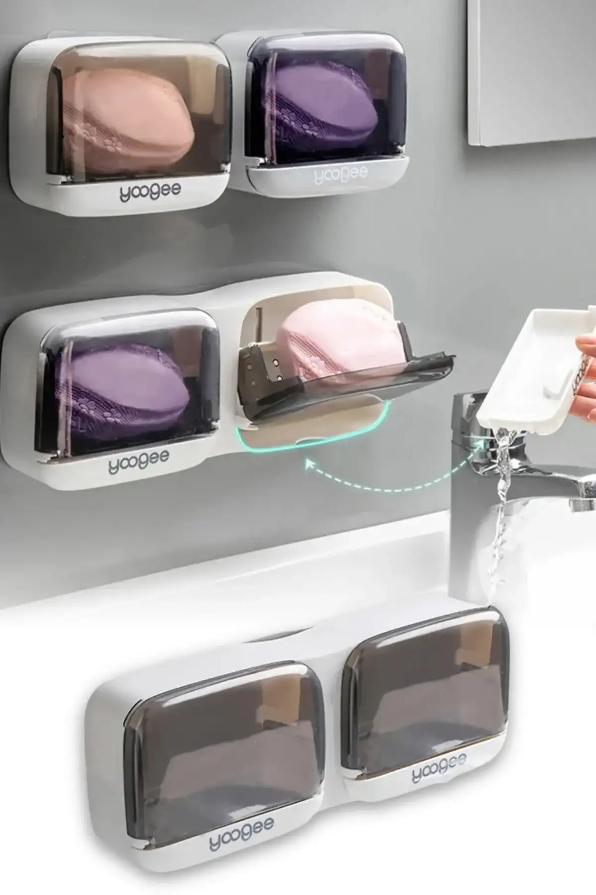 2 Bölmeli Su Tutmaz Sabunluk Yapışkanlı Duvara Monte Şeffaf Kapaklı Mutfak Banyo Organizeri