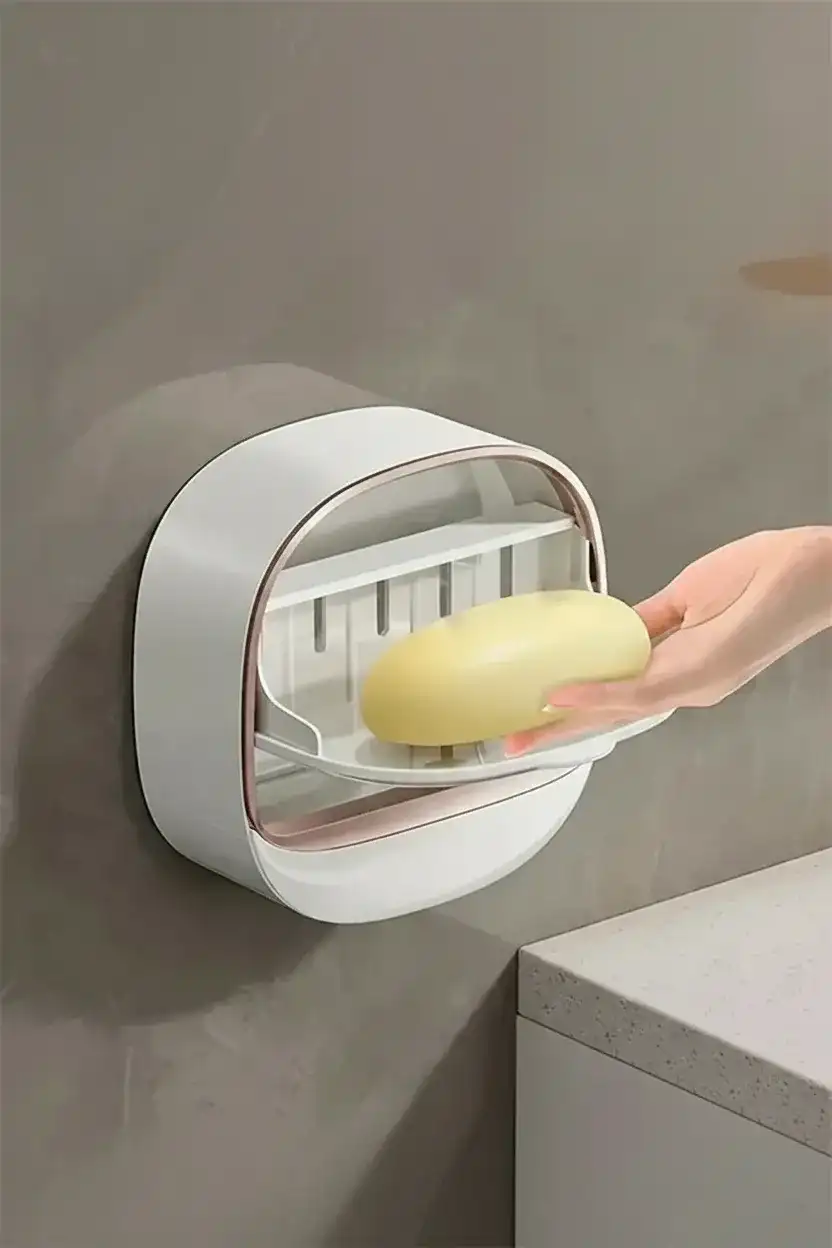 Yapışkanlı Modern Sabunluk Kapaklı Kendinden Boşaltmalı Su Tutmaz Katı Sabunluk