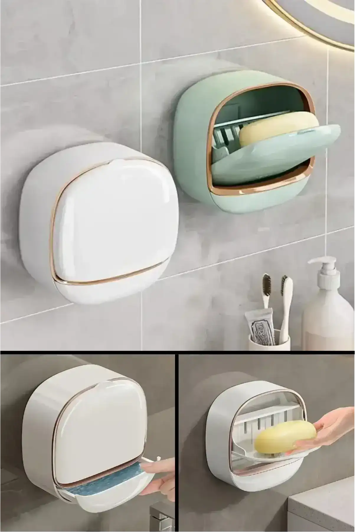 Yapışkanlı Modern Sabunluk Kapaklı Kendinden Boşaltmalı Su Tutmaz Katı Sabunluk