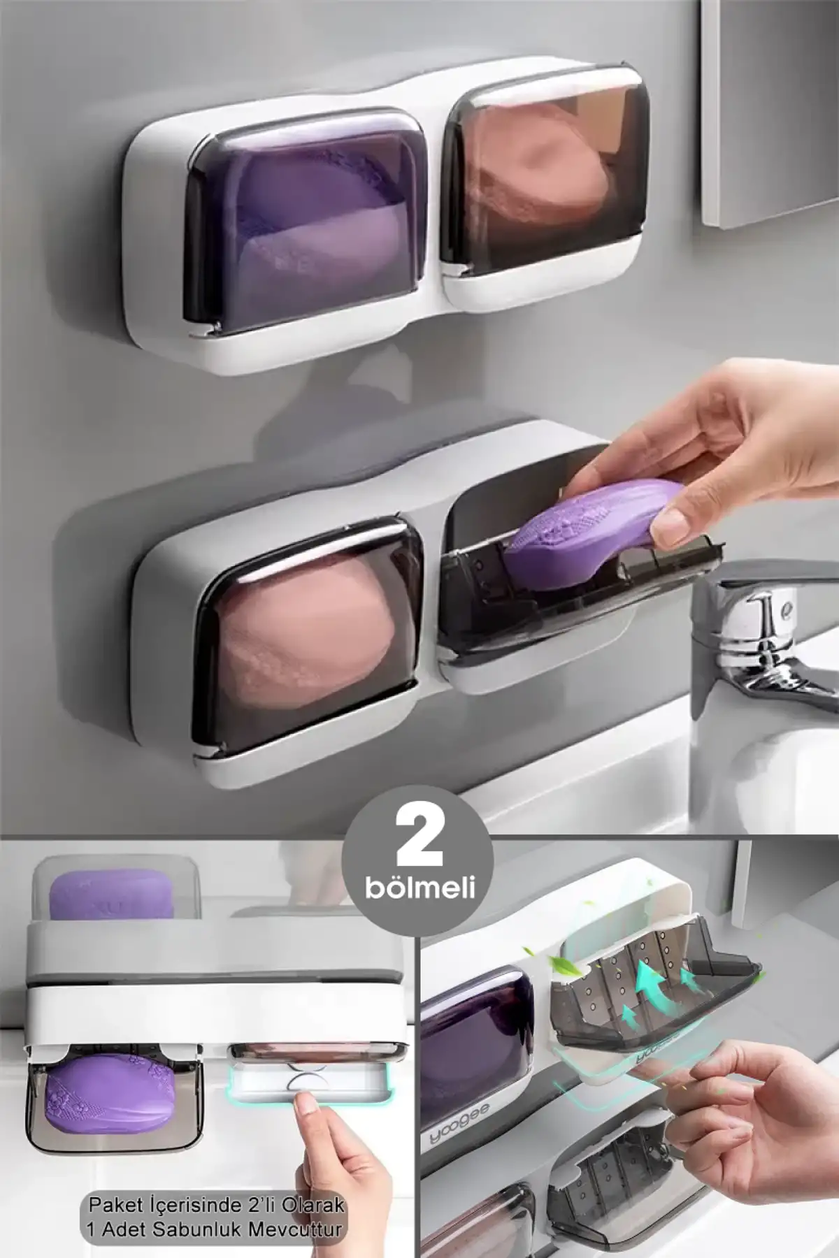 2 Bölmeli Su Tutmaz Sabunluk Yapışkanlı Duvara Monte Şeffaf Kapaklı Mutfak Banyo Organizeri