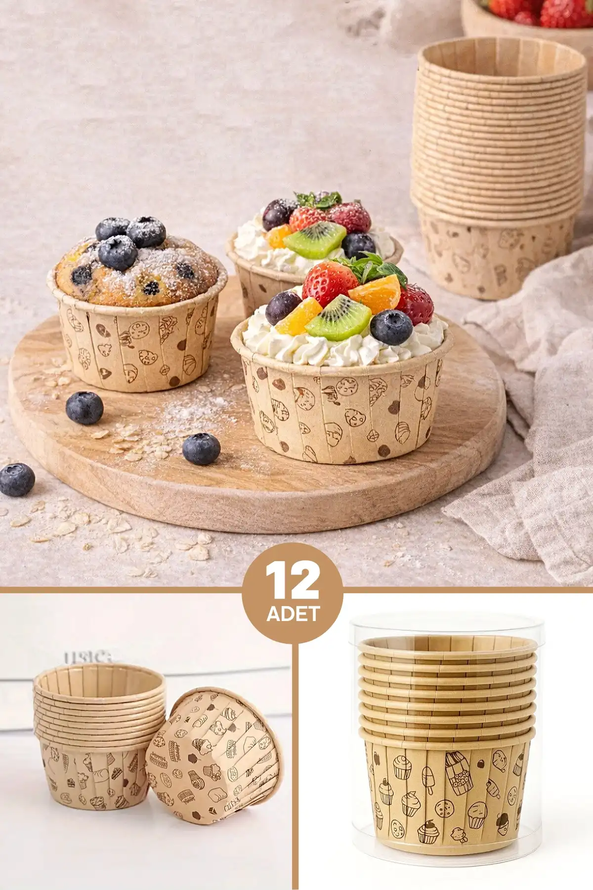 24’lü Kraft Muffin Cupcake Kek Kapsülü Naturel Donut Baskılı Kalıp Konsept Airfryer ve Fırın Uyumlu