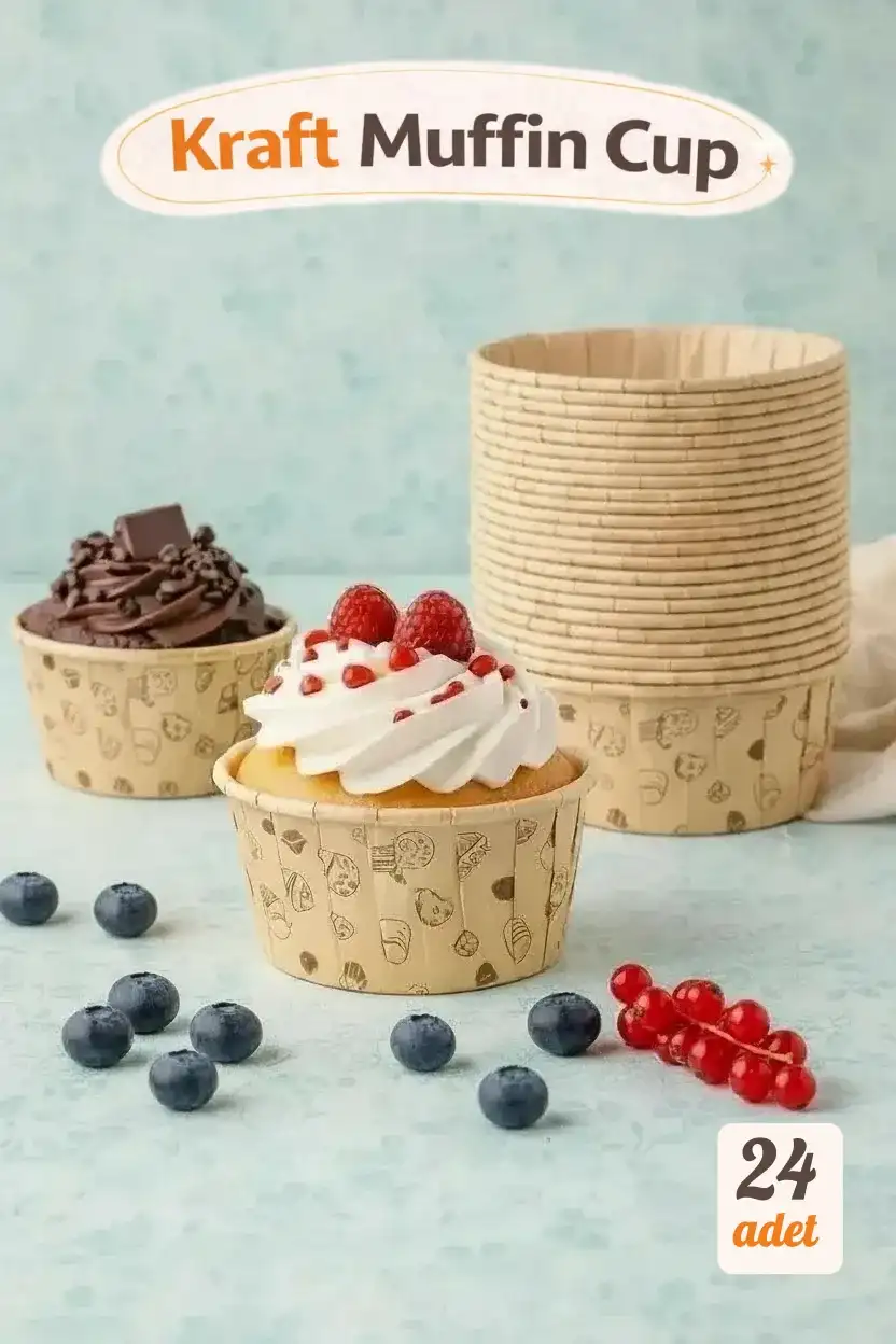 24’lü Kraft Muffin Cupcake Kek Kapsülü Naturel Donut Baskılı Kalıp Konsept Airfryer ve Fırın Uyumlu