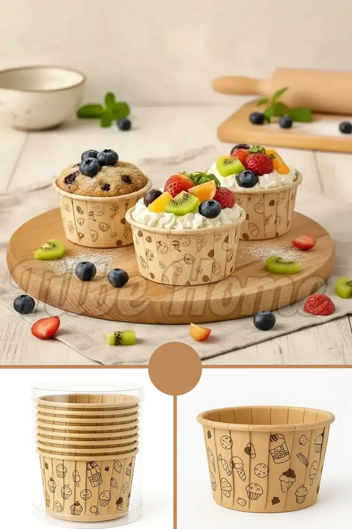 24’lü Kraft Muffin Cupcake Kek Kapsülü Naturel Donut Baskılı Kalıp Konsept Airfryer ve Fırın Uyumlu