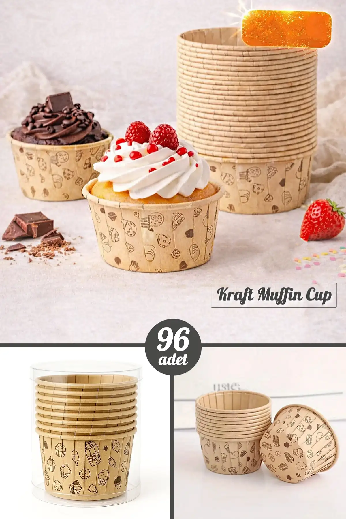 96’lı Kraft Muffin Cupcake Kek Kapsülü Naturel Donut Baskılı Kalıp Konsept Airfryer ve Fırın Uyumlu