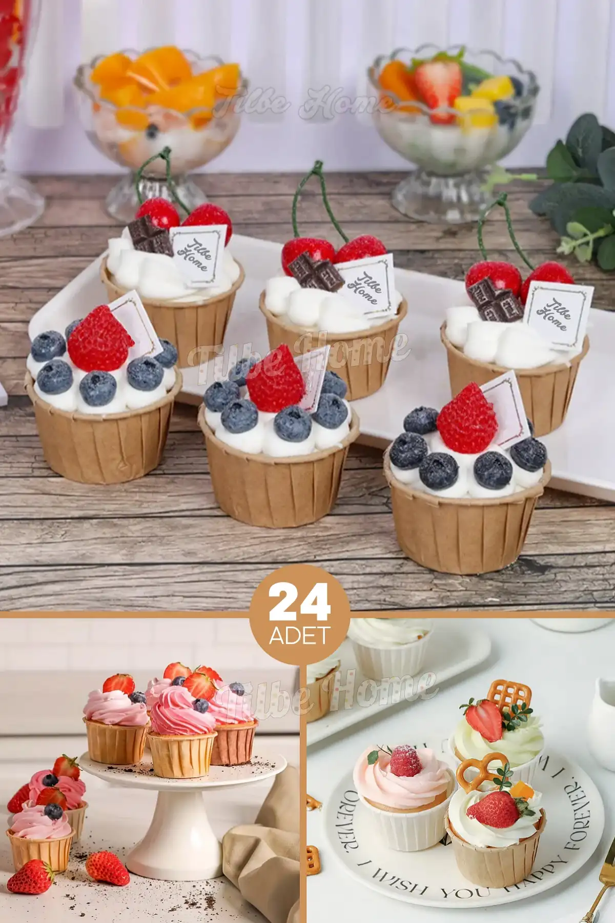 24’lü Kraft Muffin Cupcake Kek Kapsülü Naturel Kağıt Kalıp Konsept Parti Airfryer ve Fırın Uyumlu 