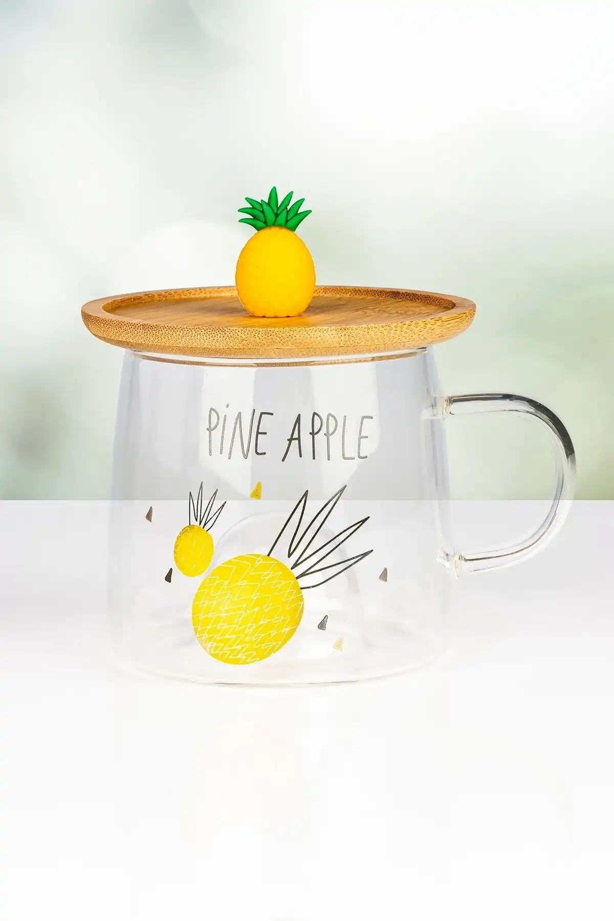 2li Bambu Kapaklı Ananas Meyve Figürlü Cam Bardak Baskılı Meşrubat Kupası Çay Bardağı 280 ml.
