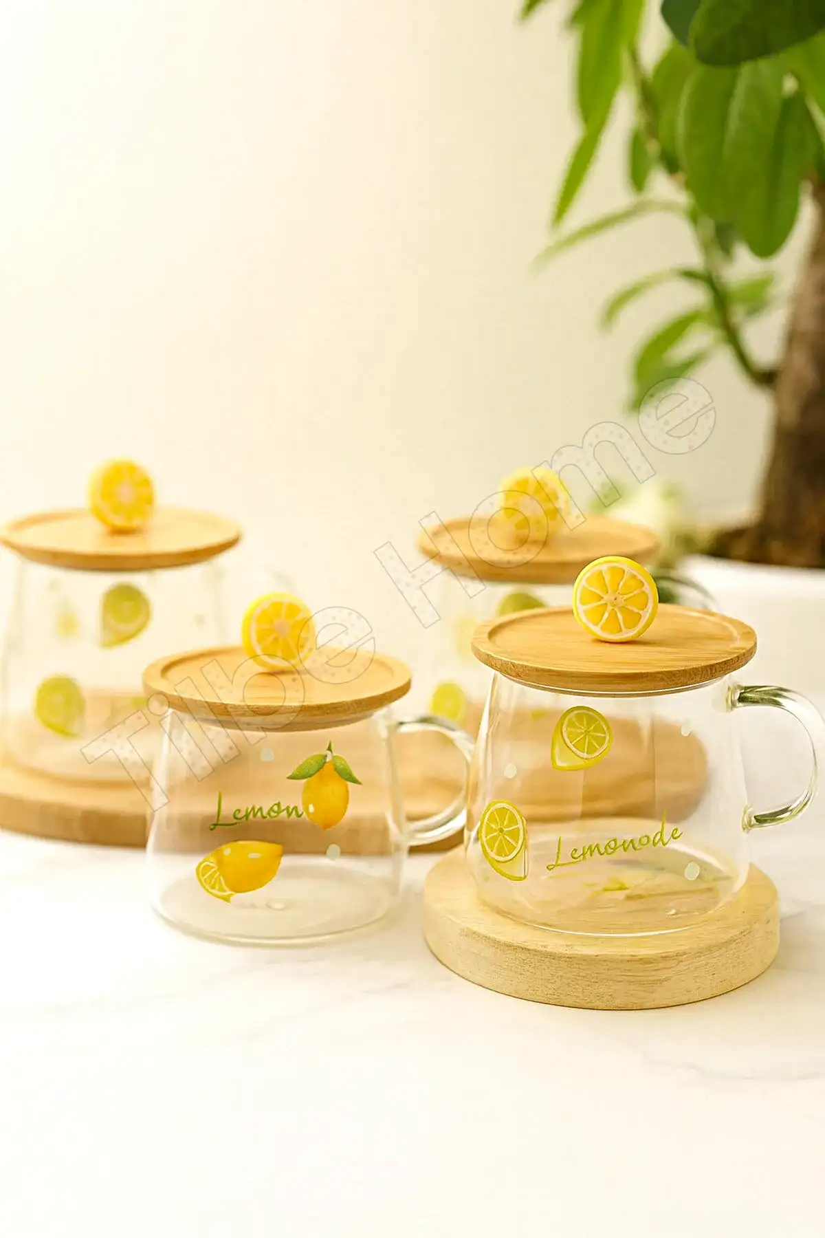 Bambu Kapaklı Limon Meyve Figürlü Cam Bardak Baskılı Meşrubat Kupası Termisil Çay Bardağı 280 ml.