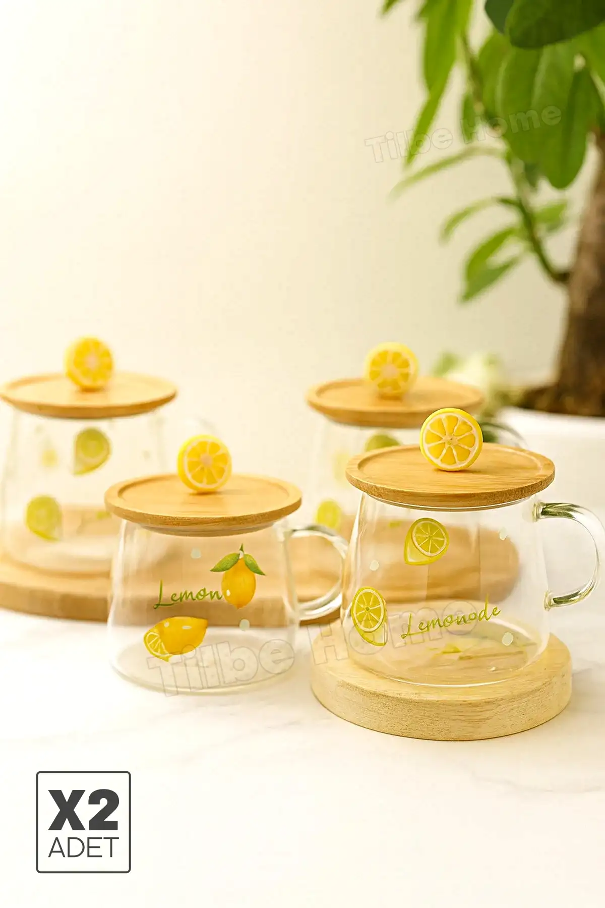 2li Bambu Kapaklı Limon Meyve Figürlü Cam Bardak Baskılı Meşrubat Kupası Çay Bardağı 280 ml.