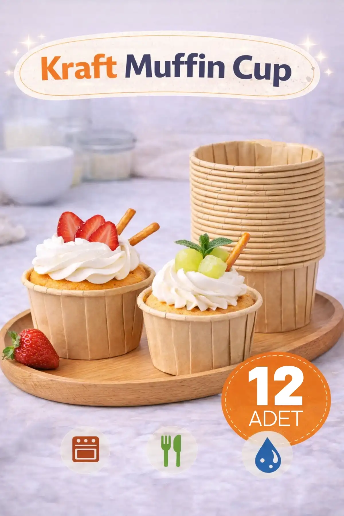12’li Kraft Muffin Cupcake Kek Kapsülü Naturel Kağıt Kalıp Konsept Parti Airfryer ve Fırın Uyumlu