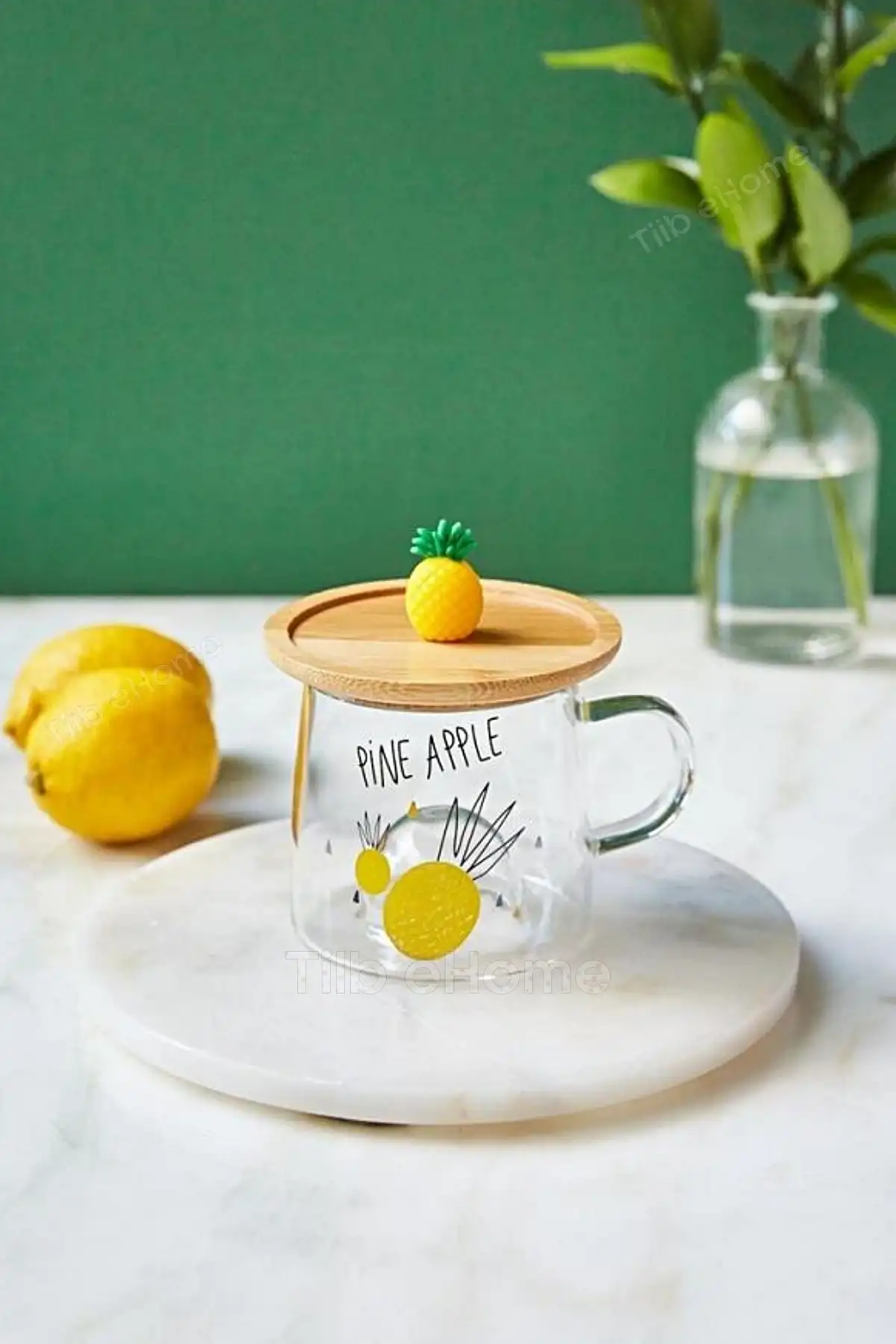 Bambu Kapaklı Ananas Meyve Figürlü Cam Bardak Baskılı Meşrubat Kupası Termisil Çay Bardağı 280 ml.
