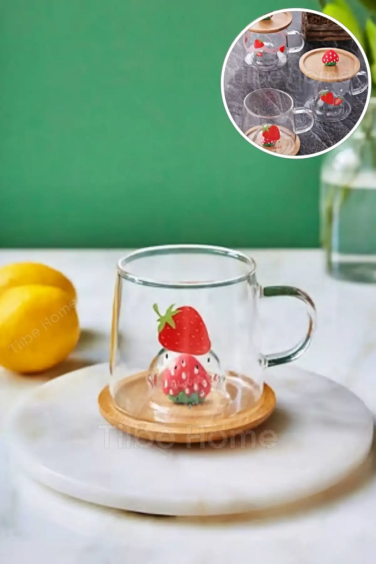 Çilek Meyve Figürlü Cam Bardak Bambu Kapaklı Baskılı Meşrubat Kupası Termisil Çay Bardağı 280 ml.