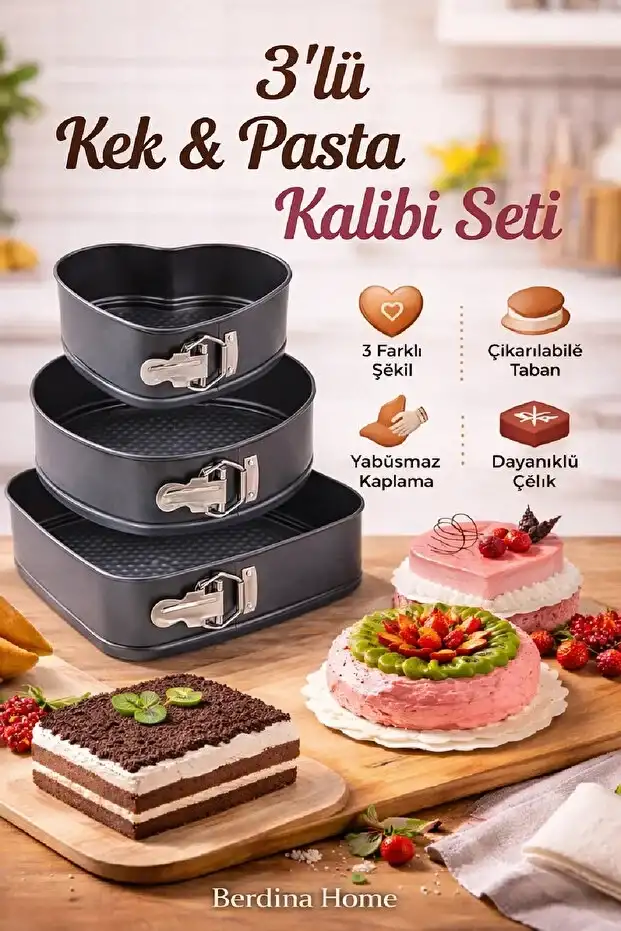 3’lü Kelepçeli Kek Kalıbı Seti – Kalp Yuvarlak Kare, Çıkarılabilir Tabanlı, Yapışmaz Teflon