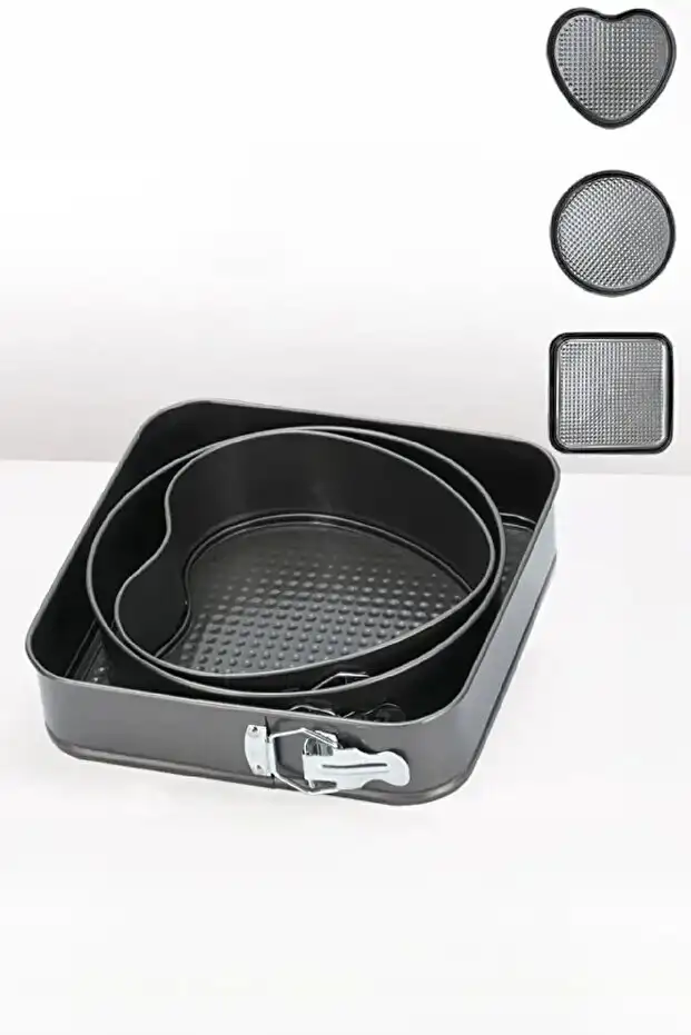 3’lü Kelepçeli Kek Kalıbı Seti – Kalp Yuvarlak Kare, Çıkarılabilir Tabanlı, Yapışmaz Teflon