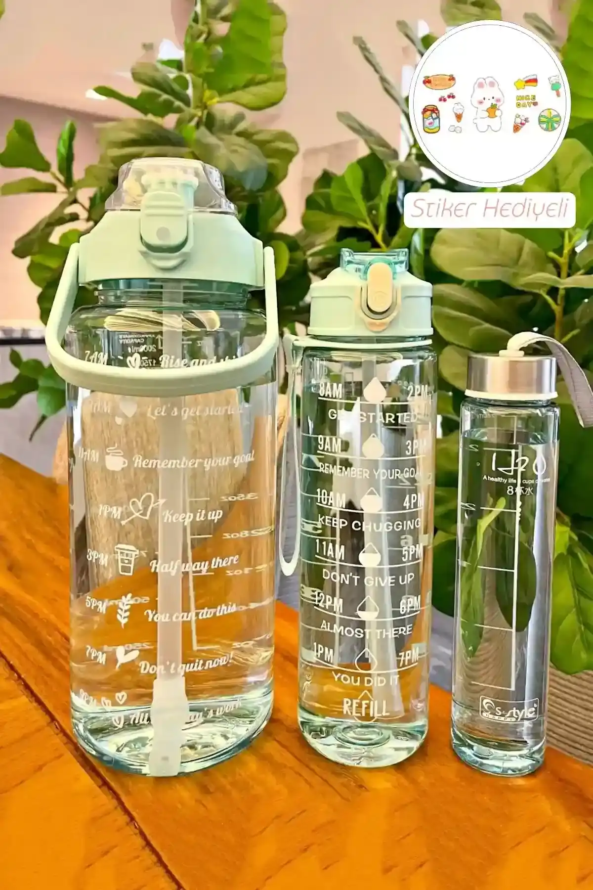 3lü Motivasyonel Su Matarası Stickerlı Pipetli Taşınabilir Sızdırmaz Su Şişesi Soft Green Matarası