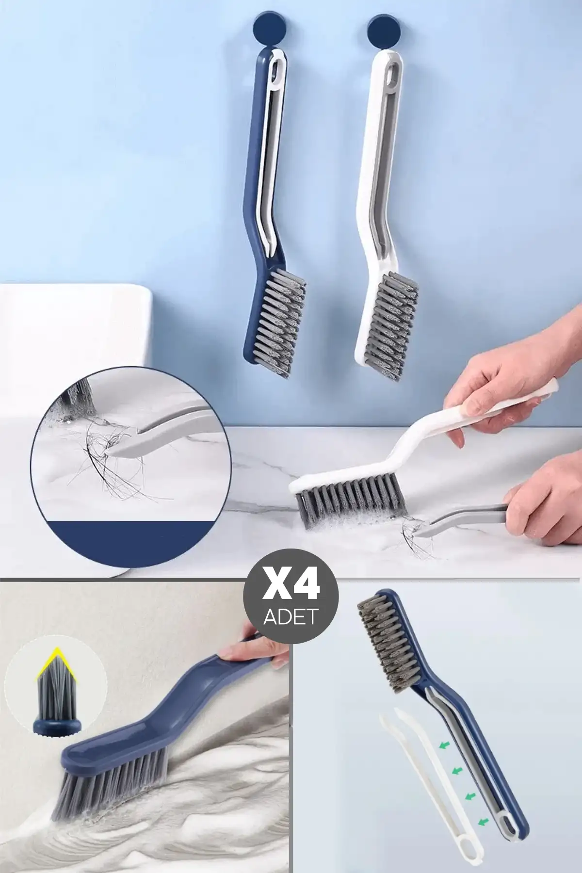 4 Adet Cımbız Maşalı V Uçlu Gider Açıcı Temizlik Fırçası Banyo Mutfak Lavabo Fayans Köşe Oluk Fırça
