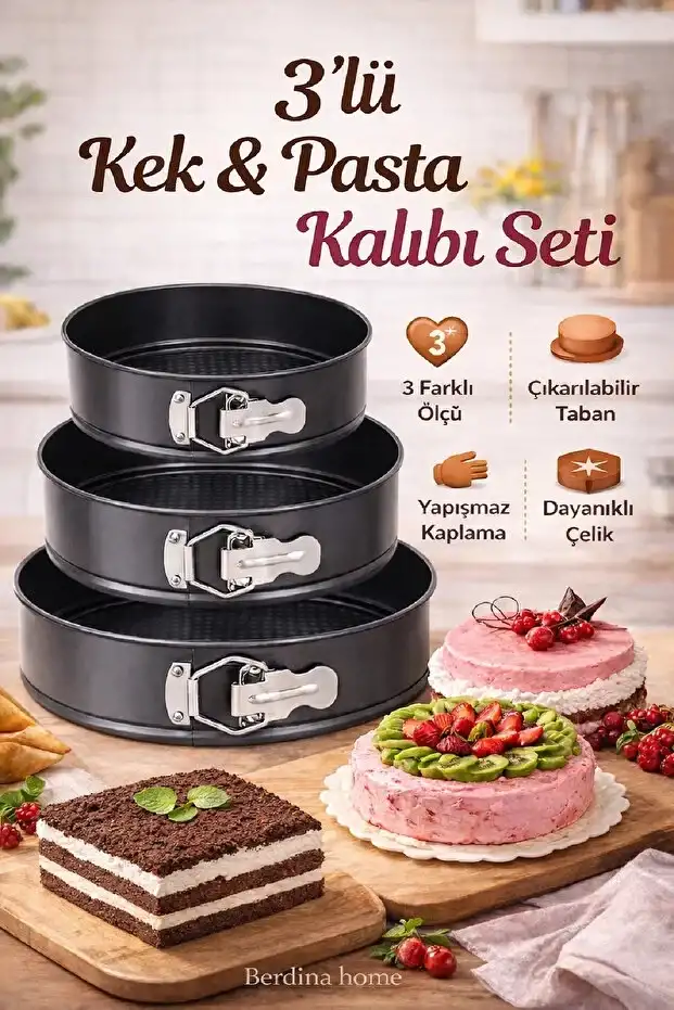 3’lü Kelepçeli Kek Kalıbı Seti – Çıkarılabilir Tabanlı, Yapışmaz Kaplama, Dayanıklı