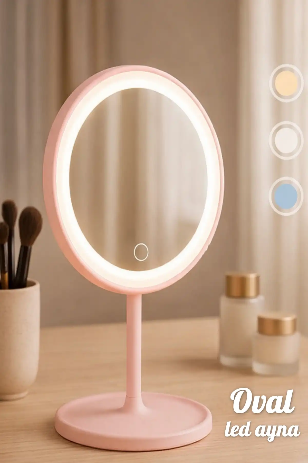 Oval Makyaj Aynası LED Işıklı Dokunmatik Şarjlı 3 Renkli Işıklı Still 90° Ayarlanabilir Pembe Ayna