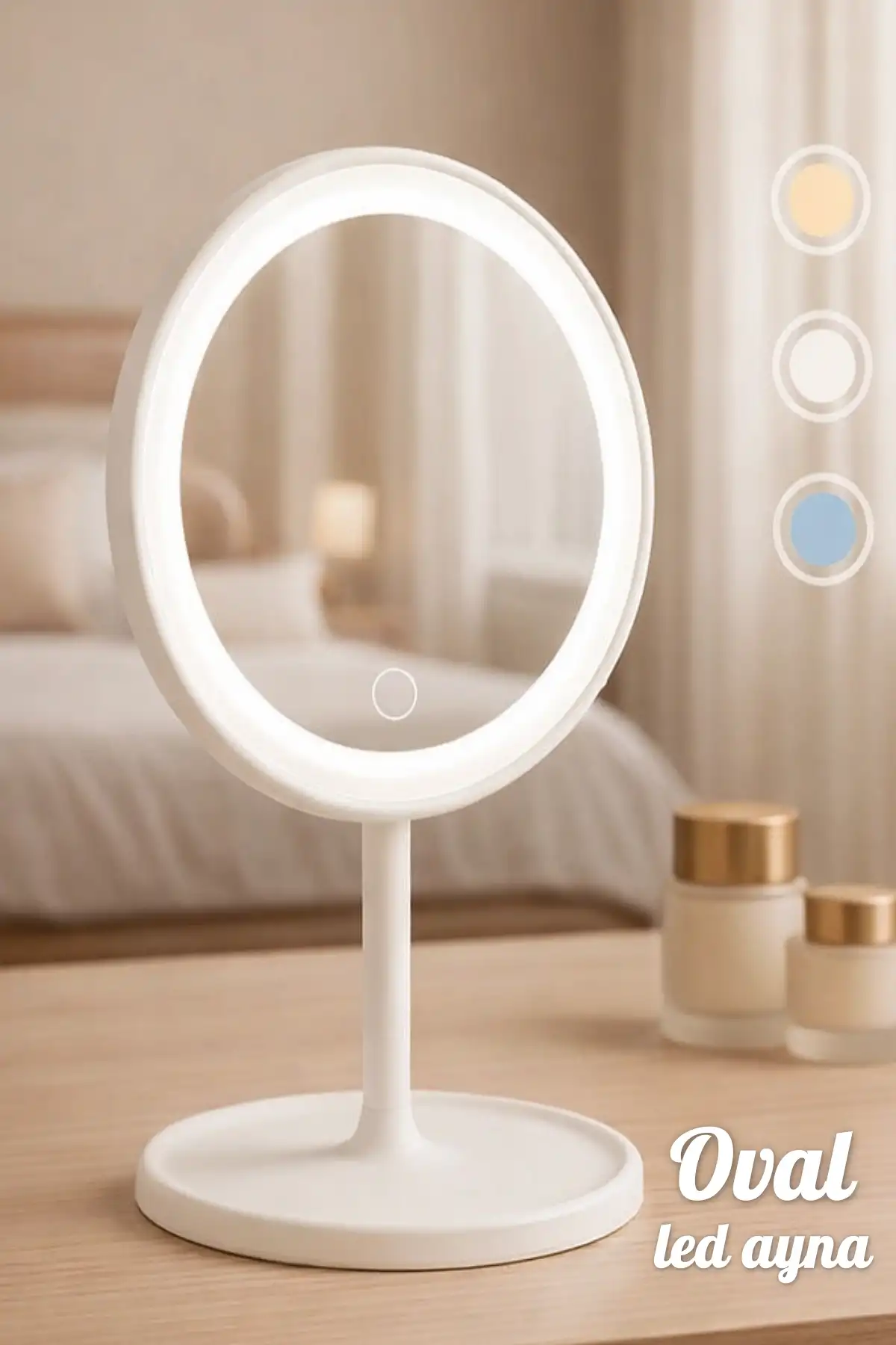 Oval Şarjlı Led Işıklı Makyaj Aynası Dokunmatik Led Makyaj Ayna 90°Ayarlanabilir 3 Modlu Usb Şarjlı