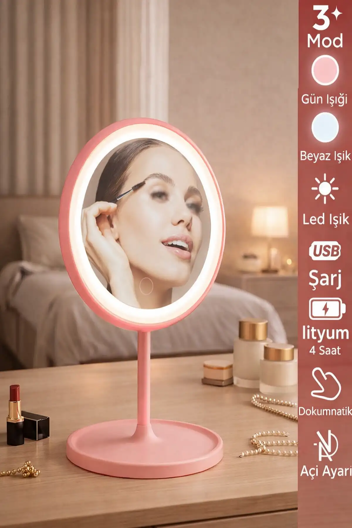 Oval Makyaj Aynası LED Işıklı Dokunmatik Şarjlı 3 Renkli Işıklı Still 90° Ayarlanabilir Pembe Ayna