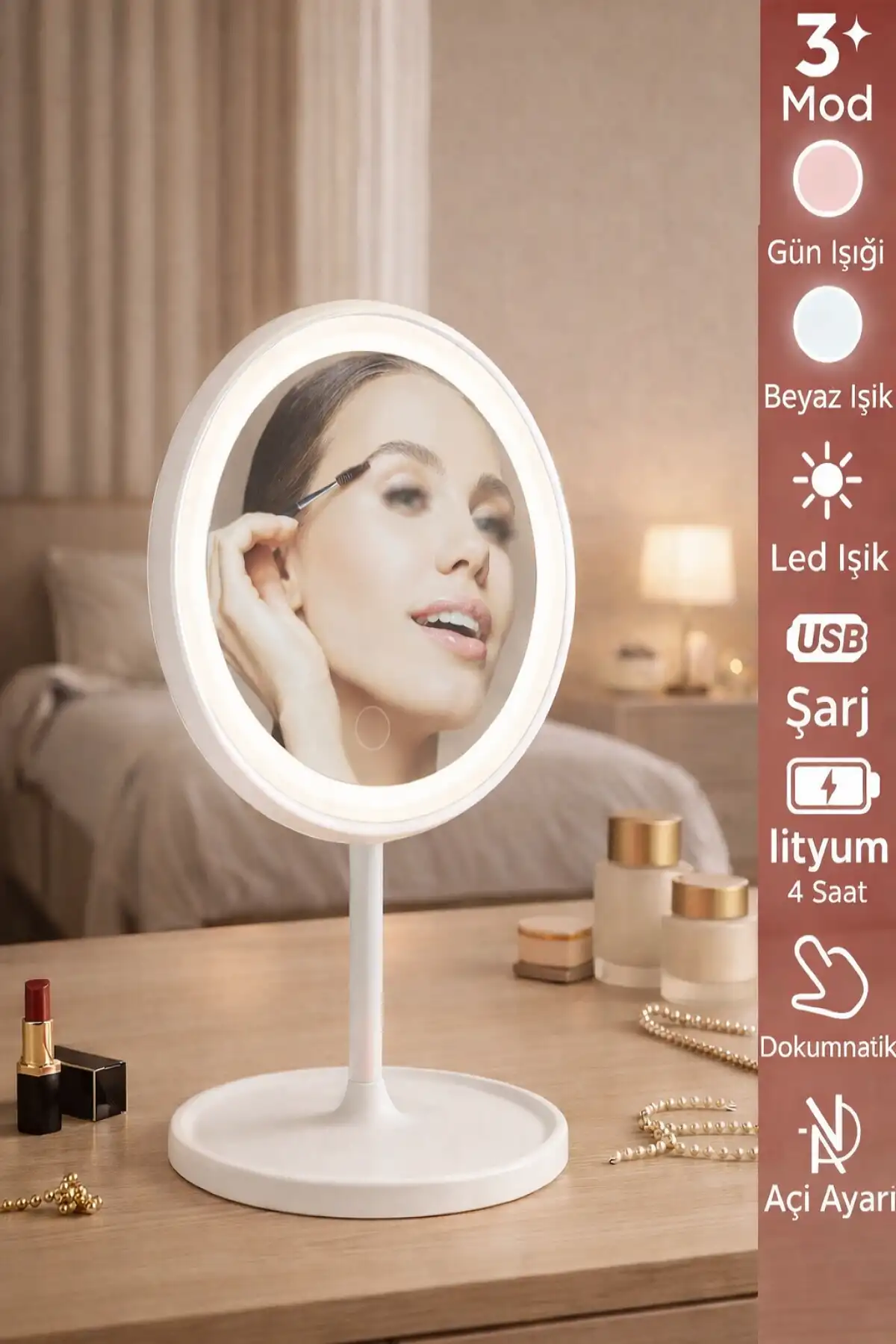 Oval Şarjlı Led Işıklı Makyaj Aynası Dokunmatik Led Makyaj Ayna 90°Ayarlanabilir 3 Modlu Usb Şarjlı