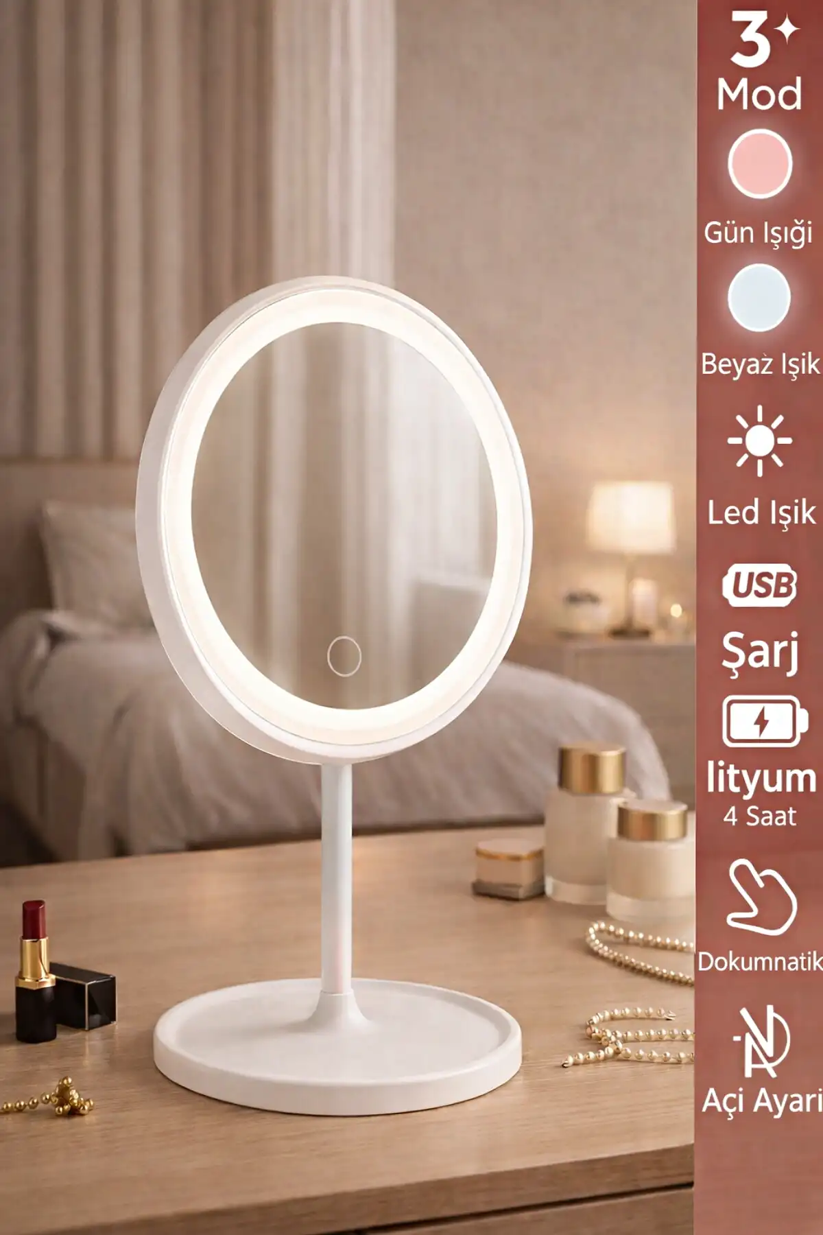 Oval Şarjlı Led Işıklı Makyaj Aynası Dokunmatik Led Makyaj Ayna 90°Ayarlanabilir 3 Modlu Usb Şarjlı