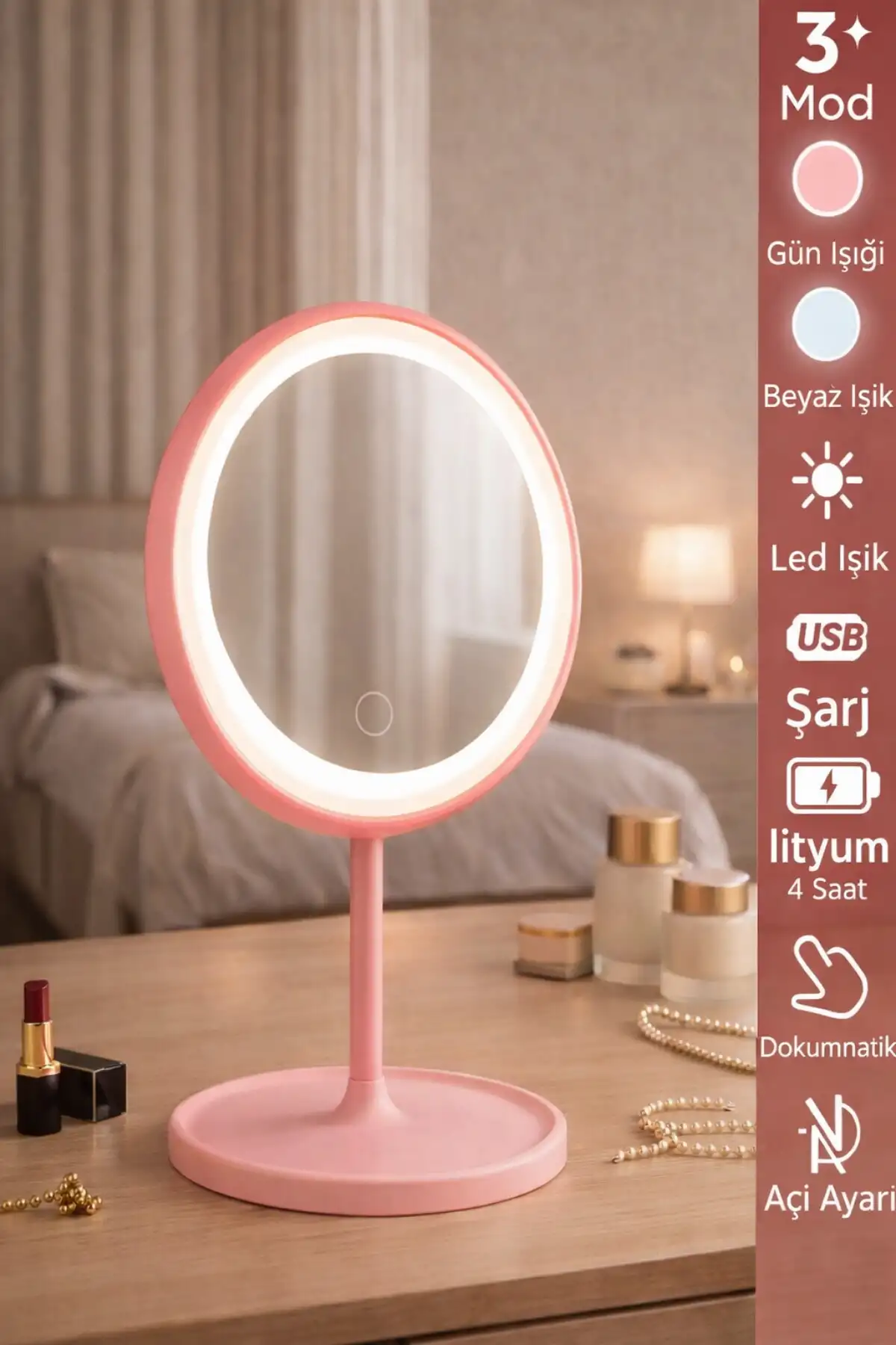 Oval Makyaj Aynası LED Işıklı Dokunmatik Şarjlı 3 Renkli Işıklı Still 90° Ayarlanabilir Pembe Ayna
