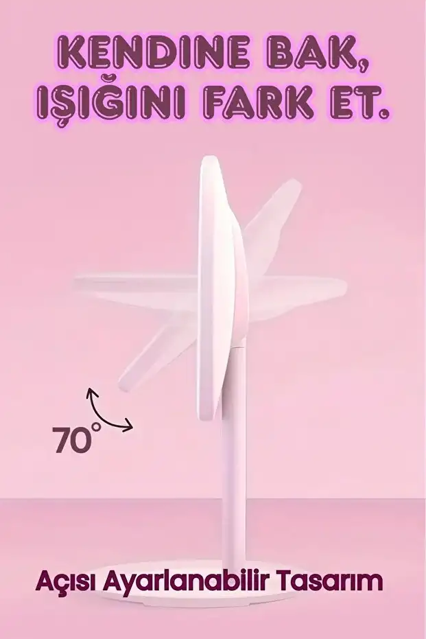 Oval Makyaj Aynası LED Işıklı Dokunmatik Şarjlı 3 Renkli Işıklı Still 90° Ayarlanabilir Pembe Ayna