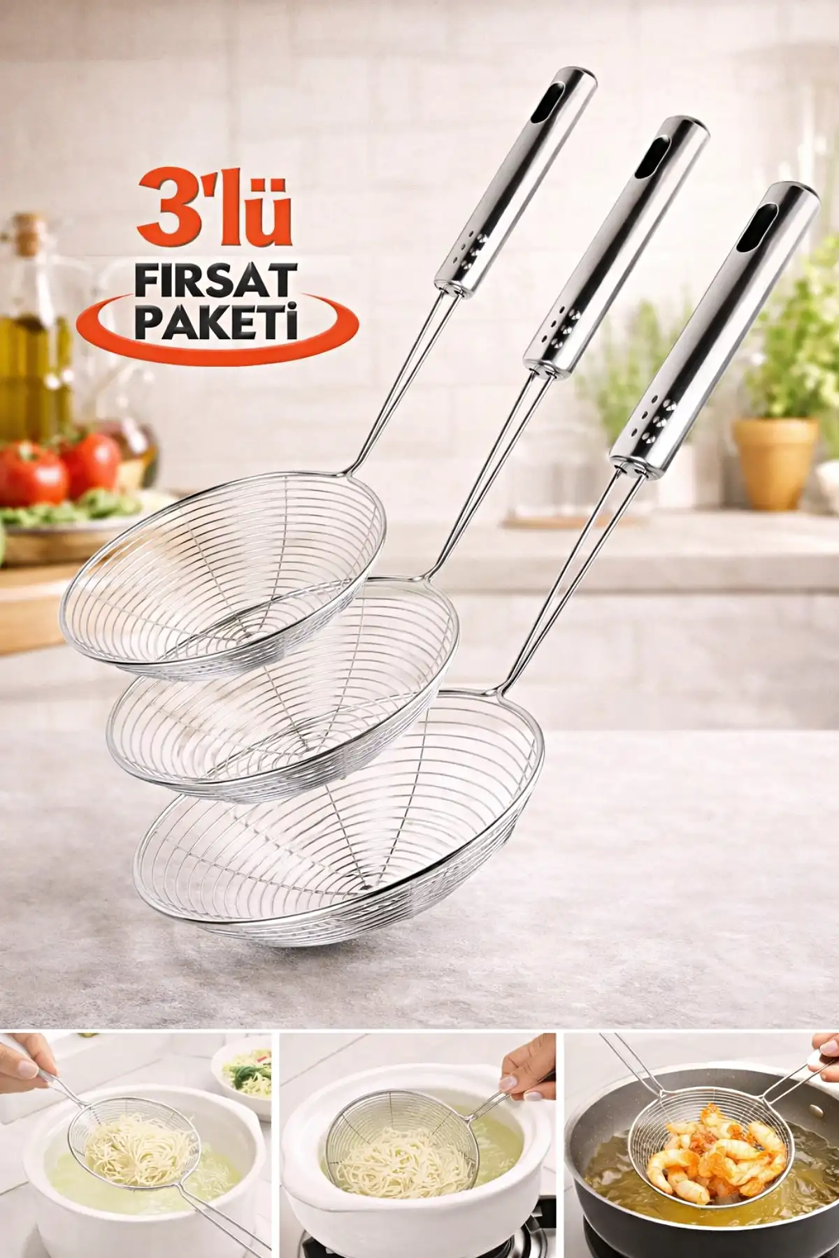 Çelik Kevgir Süzgeç Patates Sebze Yağ Kızartma Lüx Servis Seti Mutfak Tel Kepçe Kızartma Kevgir Set