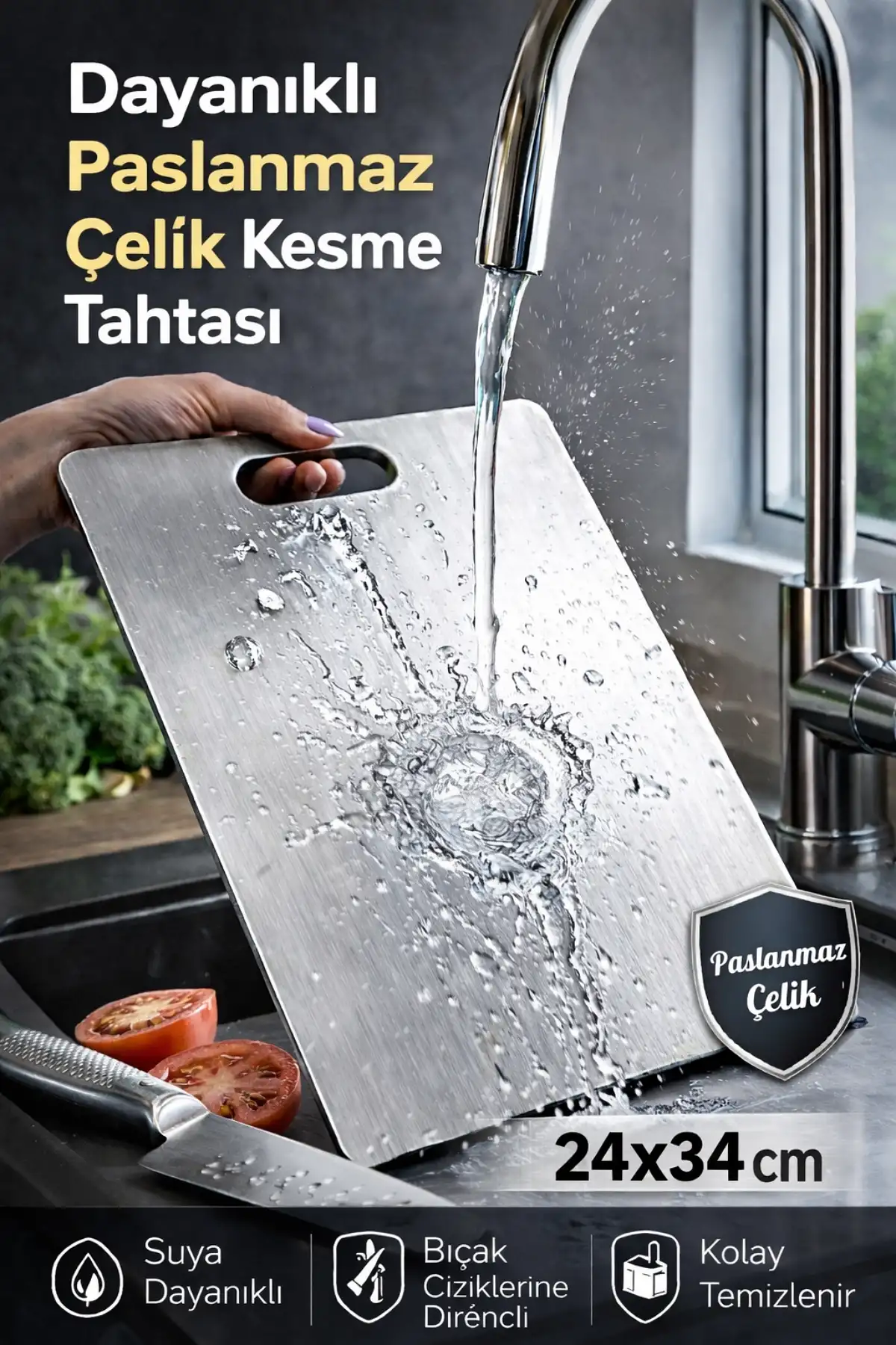 Büyük Boy Paslanmaz Çelik Kesme Panosu 23x34cm Suya Dayanıklı Tezgah Koruyucu Çelik Kesim Tahtası