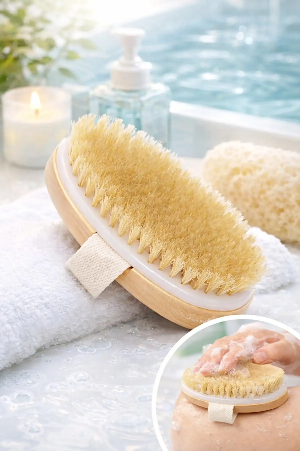 Ahşap Gövdeli Doğal Kıl Kuru Vücut Fırçası Selülit Giderici Masaj ve Peeling Fırçası