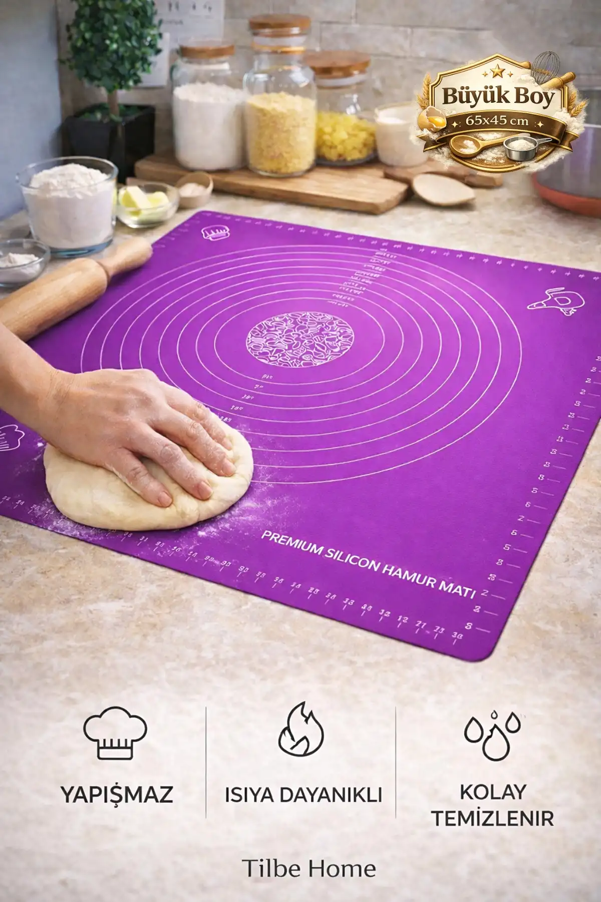 Silikon Hamur Matı Hamur Açma Pasta Fırın Altlığı Matı Ölçülü Hamur Yoğurma Mor Büyük Boy 65X45
