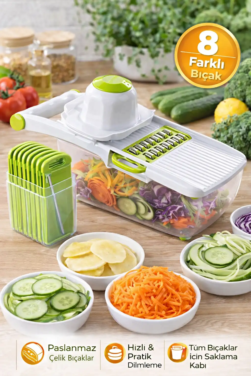 Hazneli Sebze Patates Dilimleyici Doğrayıcı Rendeleme Kesici Mandolin Beyaz Yeşil Lüx Rende Seti