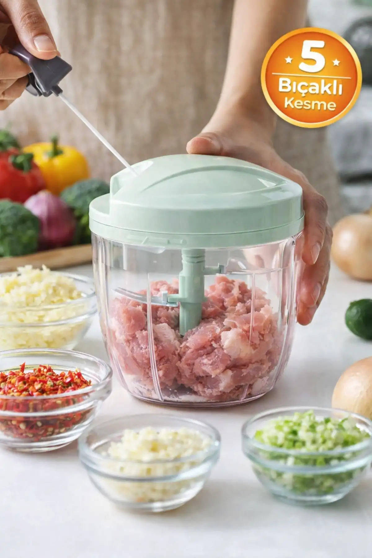 Pratik İpli El Rondosu 5 Çelik Bıçaklı Büyük Boy Sebze Meyve Et Soğan Doğrayıcı Blender Rende Yeşil