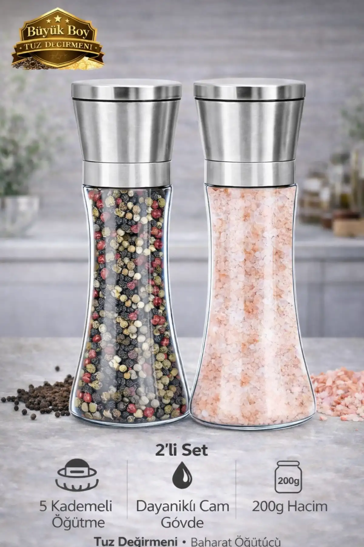 2li Karabiber Tuz Değirmeni 5 Kademeli Baharat Öğütücü Büyük Boy Metalik Tuzluk Seti