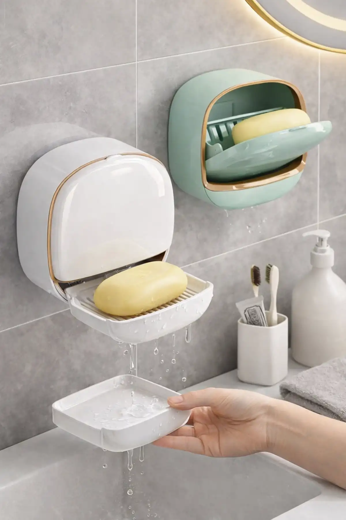 Yapışkanlı Modern Sabunluk Kapaklı Kendinden Boşaltmalı Su Tutmaz Katı Sabunluk