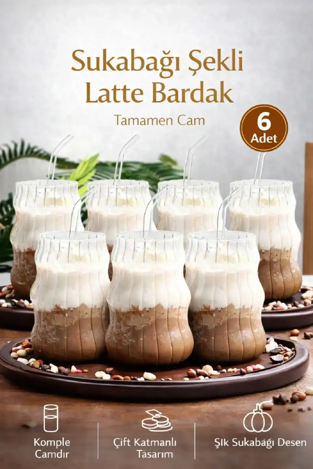 6lı Sukabağı Latte Cam Pipetli Bardak Seti İskandinav Burgu Tarz Kahve Kokteyl Sunum Bardağı 400ml