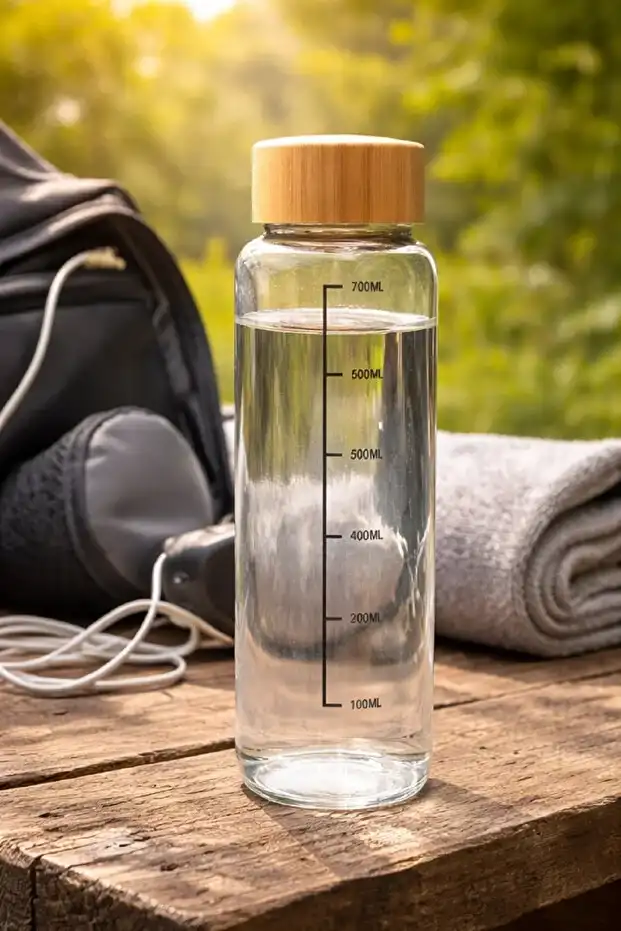 Bambu Kapaklı Cam Matara Sporcu Suluğu Taşınabilir Su Şişesi 700 ml Vakumlu Suluk